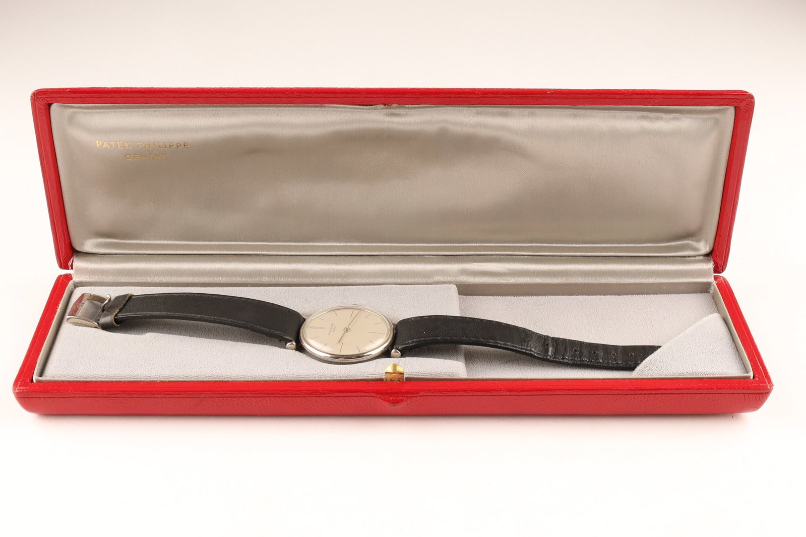 Patek Philippe Calatrava 1960s Wristwatch 18K White Gold Case: Patek Philippe Calatrava 1960s Wristwatch 18K White Gold Case, 18 jewel movement adjusted to heat, cold, isochronism and 5 positions; matte dial; in an 18k white gold case with a leather strap and a P
