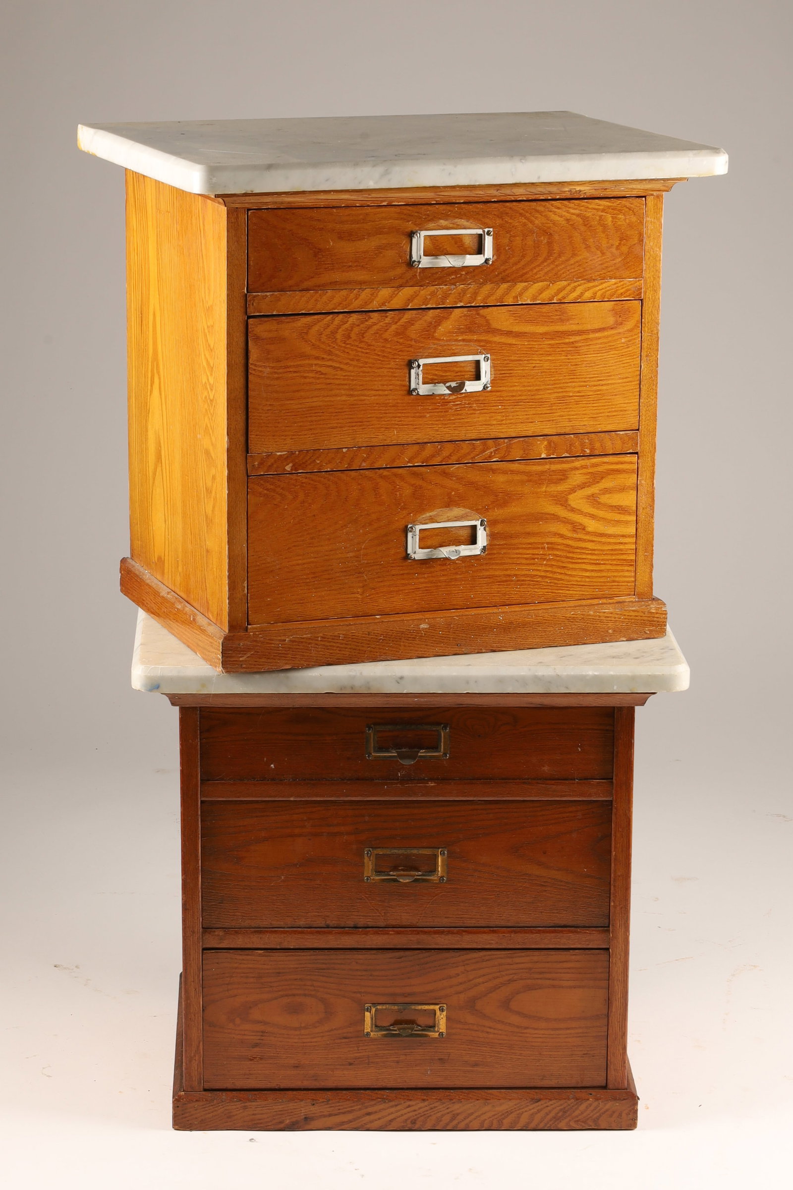 Pair 20th C Industrial Oak Three Drawer Cabinets Bedside Tables With Marble Tops (1 of 5)