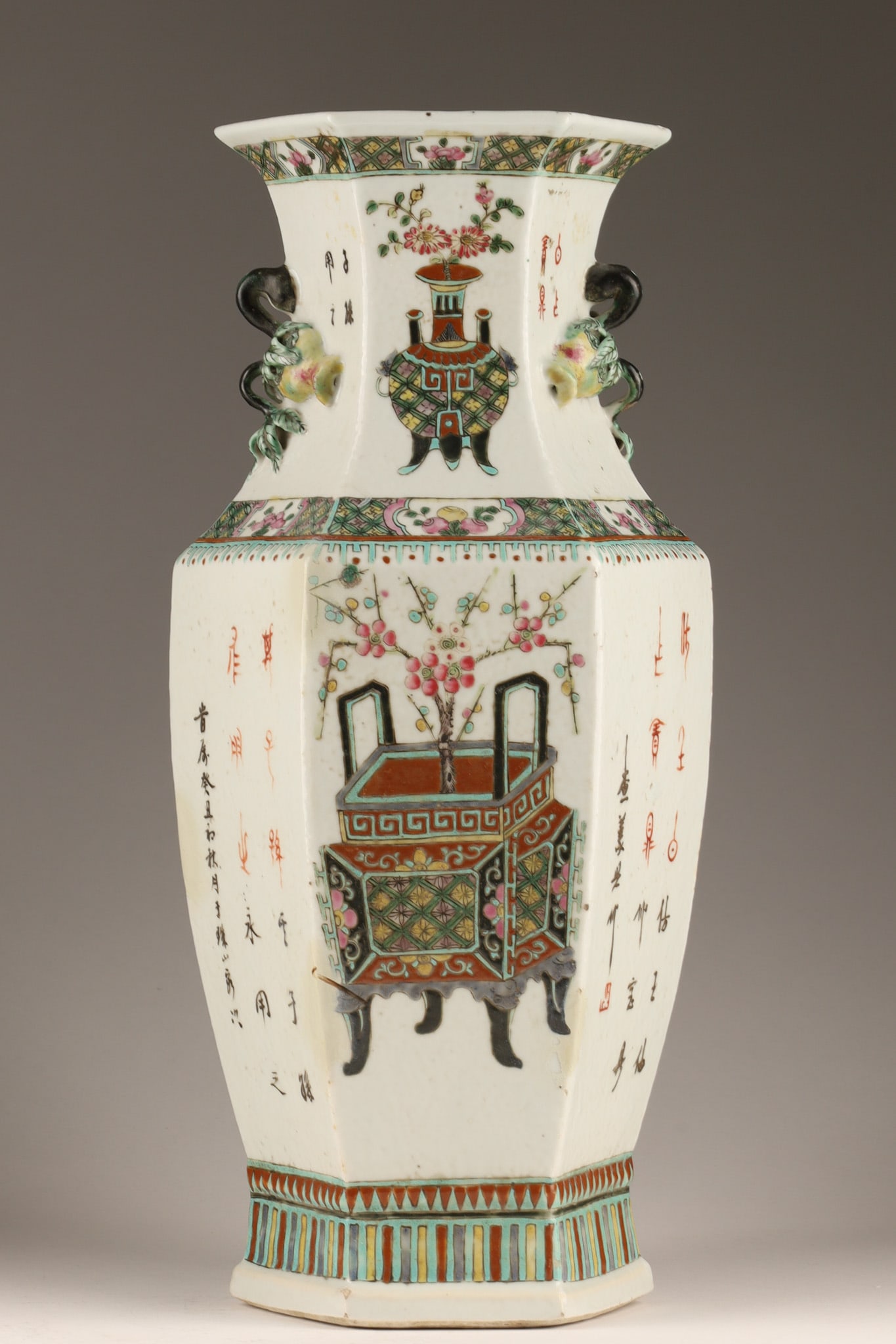 Antique Chinese Hexagonal Porcelain Famille Rose Vase with Calligraphy (1 of 12)