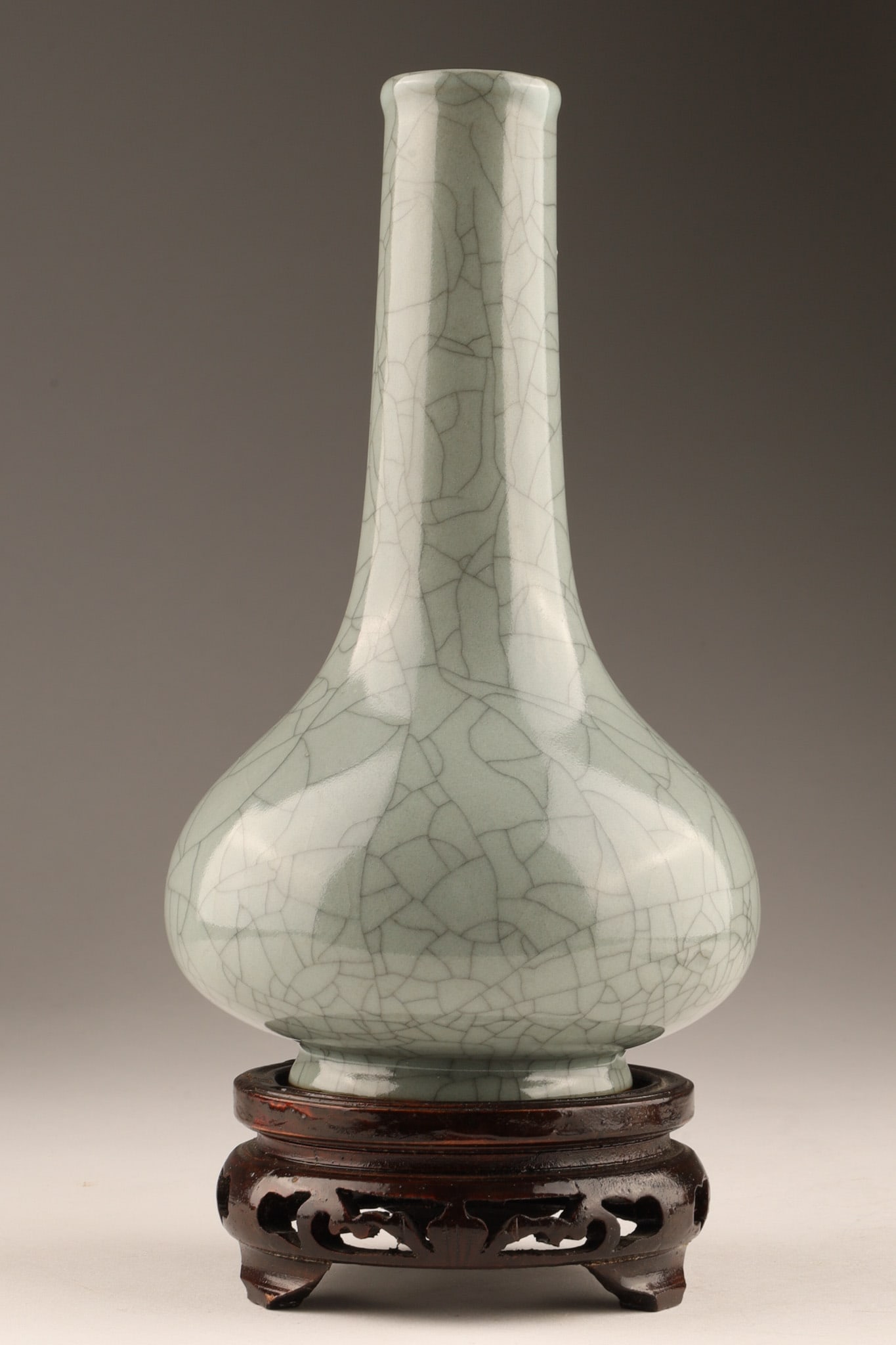 Chinese Celadon Crackle Porcelain Vase with Wooden Base (1 of 6)
