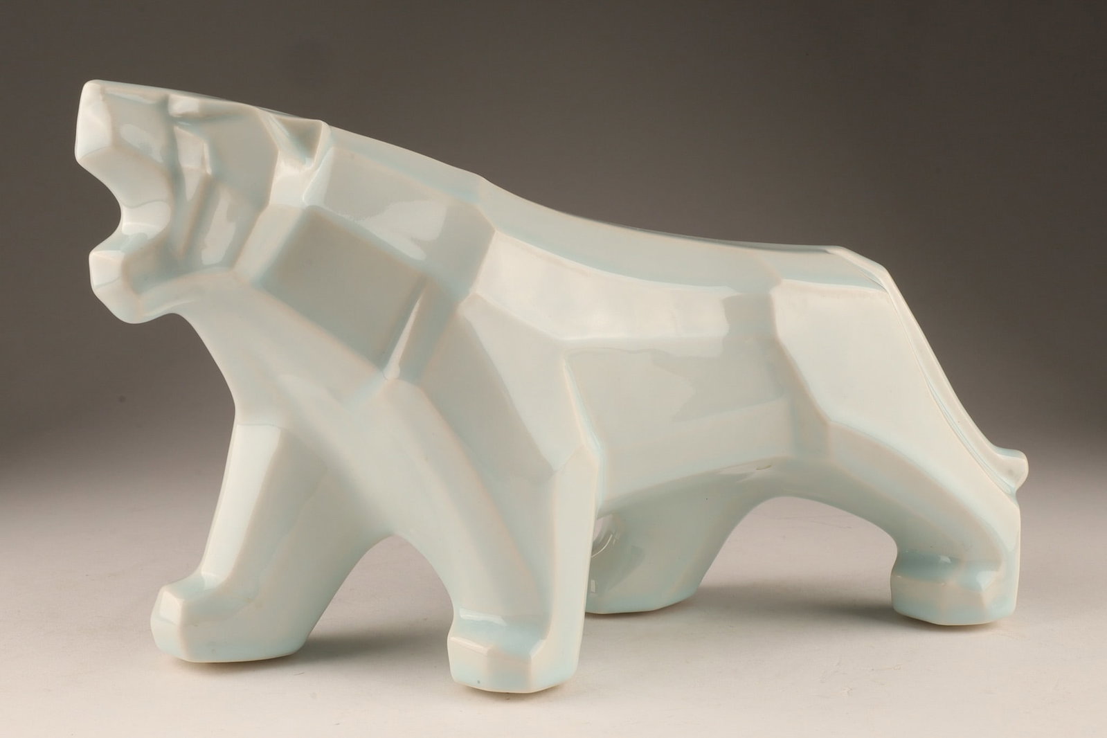Signed Japanese Cubist Ceramic Ikebana Panther or Tiger Vase: Signed Japanese Cubist Ceramic Ikebana Panther or Tiger Vase with pale blue glaze and signed characters on ankle. Measuring 6.5 inches H x 12 L x 4 deep.