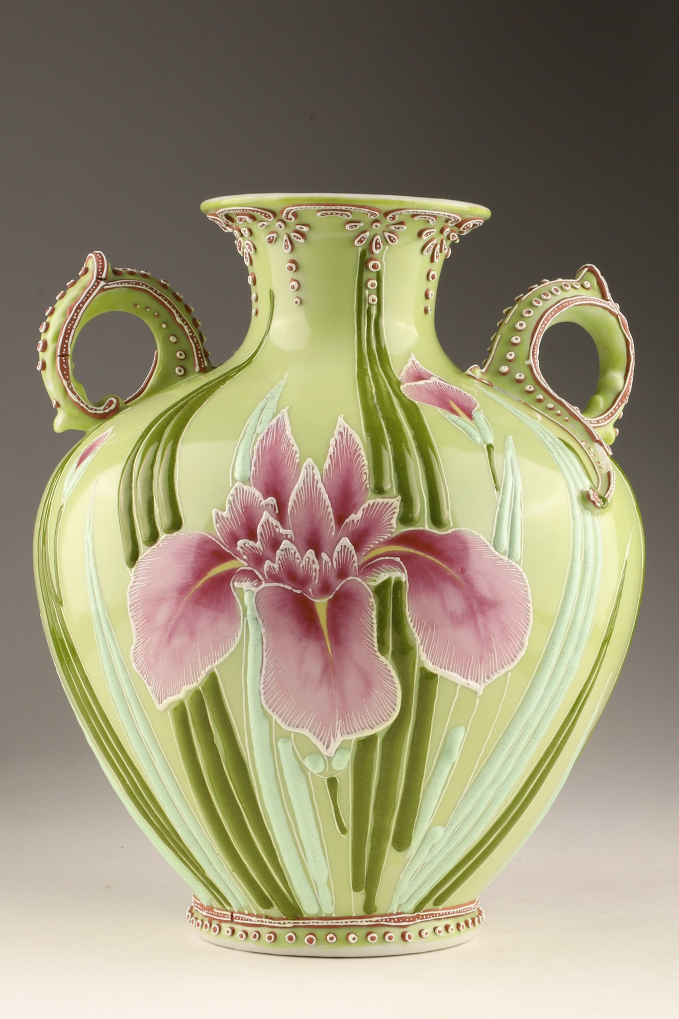 Antique Japanese Nippon Moriage Art Nouveau Style Iris Vase: Antique Japanese Nippon Moriage or Tube Lined Art Nouveau Style Iris Vase. Minor loss to raised decoration. Measuring 9 inches H x 8 W.