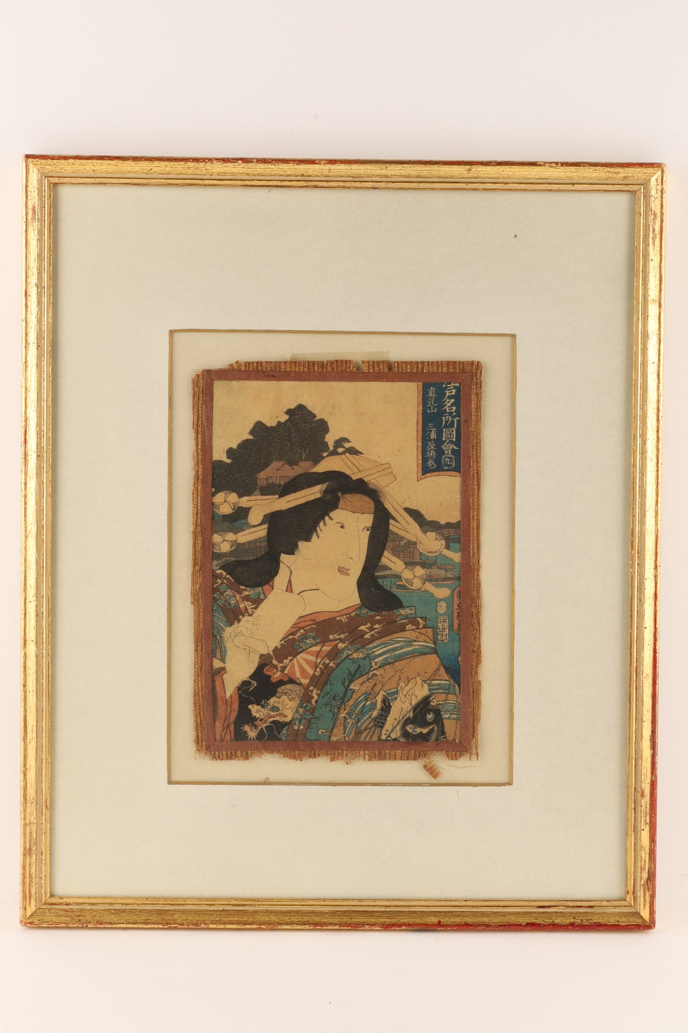 Japanese Woodblock Print Utagawa Kunisada Kabuki Actor: Japanese ukiyo-e woodblock print titled Matsuchiyama: Iwai Kumesaburo III as Miuraya Agemaki, designed by the master printmaker Utagawa Kunisada (Toyokuni III) in 1852 as part of his series Pictures o