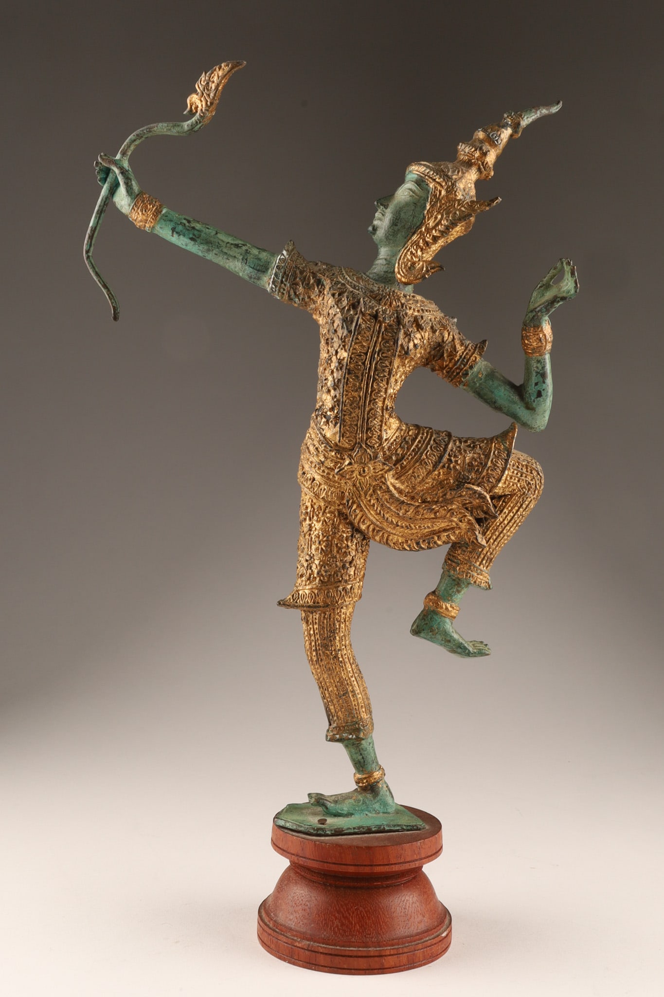 Thai Bronze Gilt Prince Rama Archer Statue on Wood Base (1 of 10)