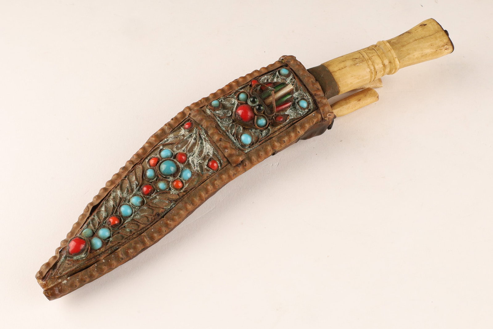 Antique Tibetan Kukri Knife in Leather Jewelled Scabbard (1 of 8)
