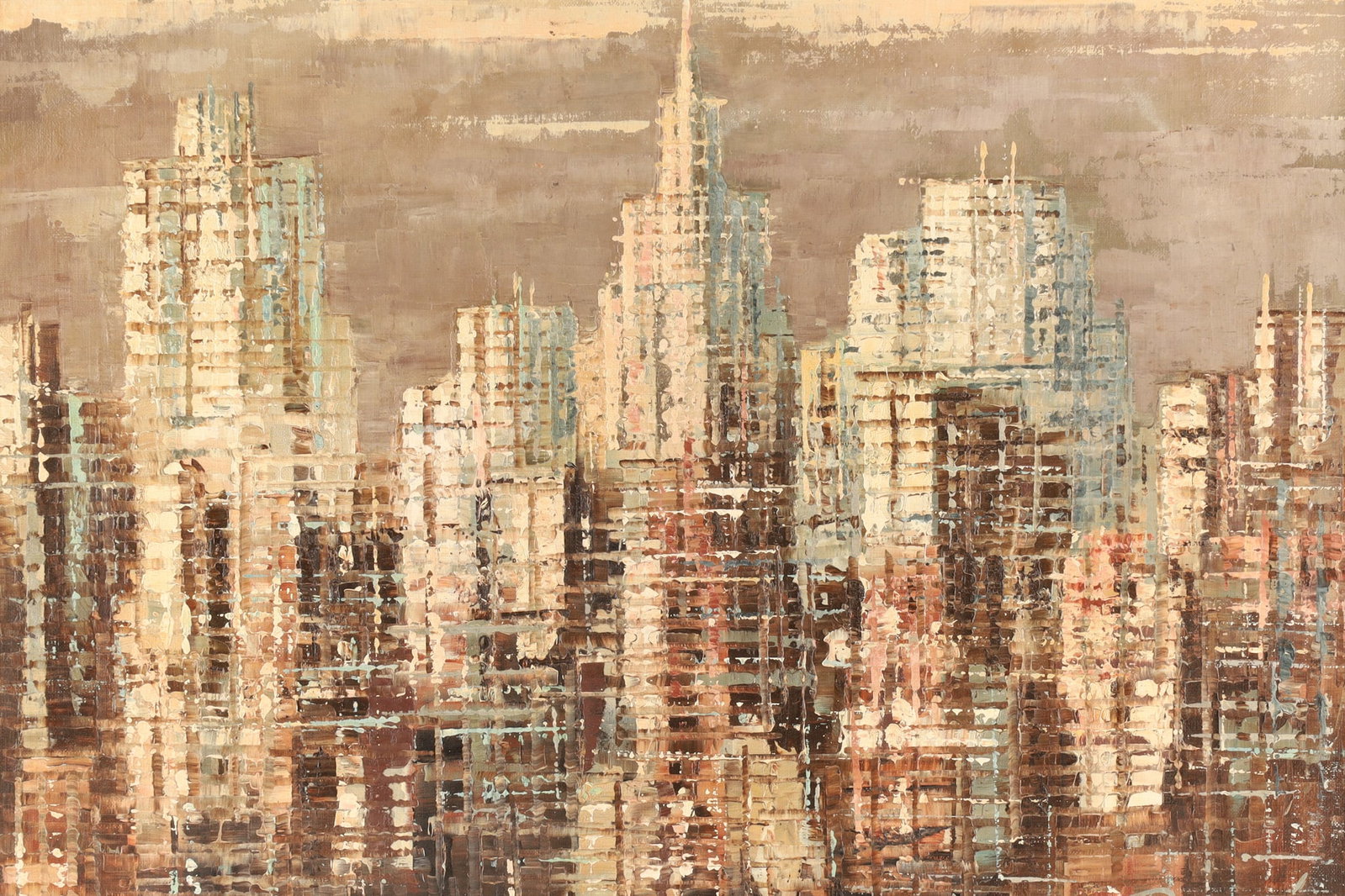 Henri Berte (French, 1921) Mid-Century Modern Abstract Cityscape Painting: Henri Berte (French, 1921) mid-century modern abstract cityscape oil painting on masonite, featuring heavily textured, overlapping skyscrapers in muted earthy tones against a moody grey and charcoal s