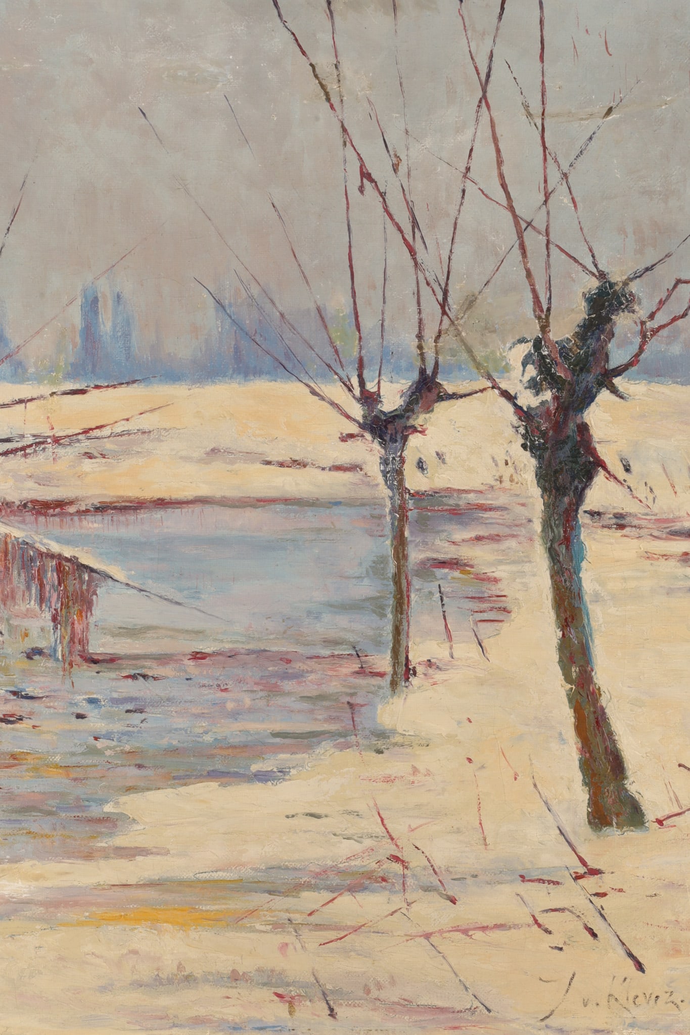 Yuliy Yulyevich Klever (Russian, 1850-1924) Winter Landscape, Oil on Canvas: Yuliy Yulyevich Klever (Russian, 1850-1924) Winter Landscape, Oil on canvas depicting a tranquil winter landscape with snow-covered fields, a partially frozen stream, and leafless trees set against a 