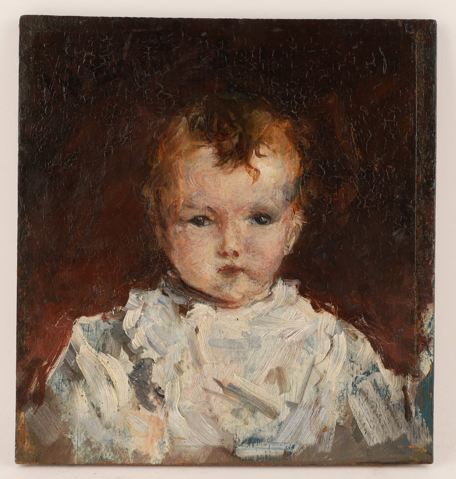 Antique French Impressionist Painting of a Child, Oil on Panel: Antique French Impressionist portrait of a child, oil on a solid wood panel. Dating to the late 19th or early 20th century, the artwork features thick, expressive impasto brushwork on the garment and 