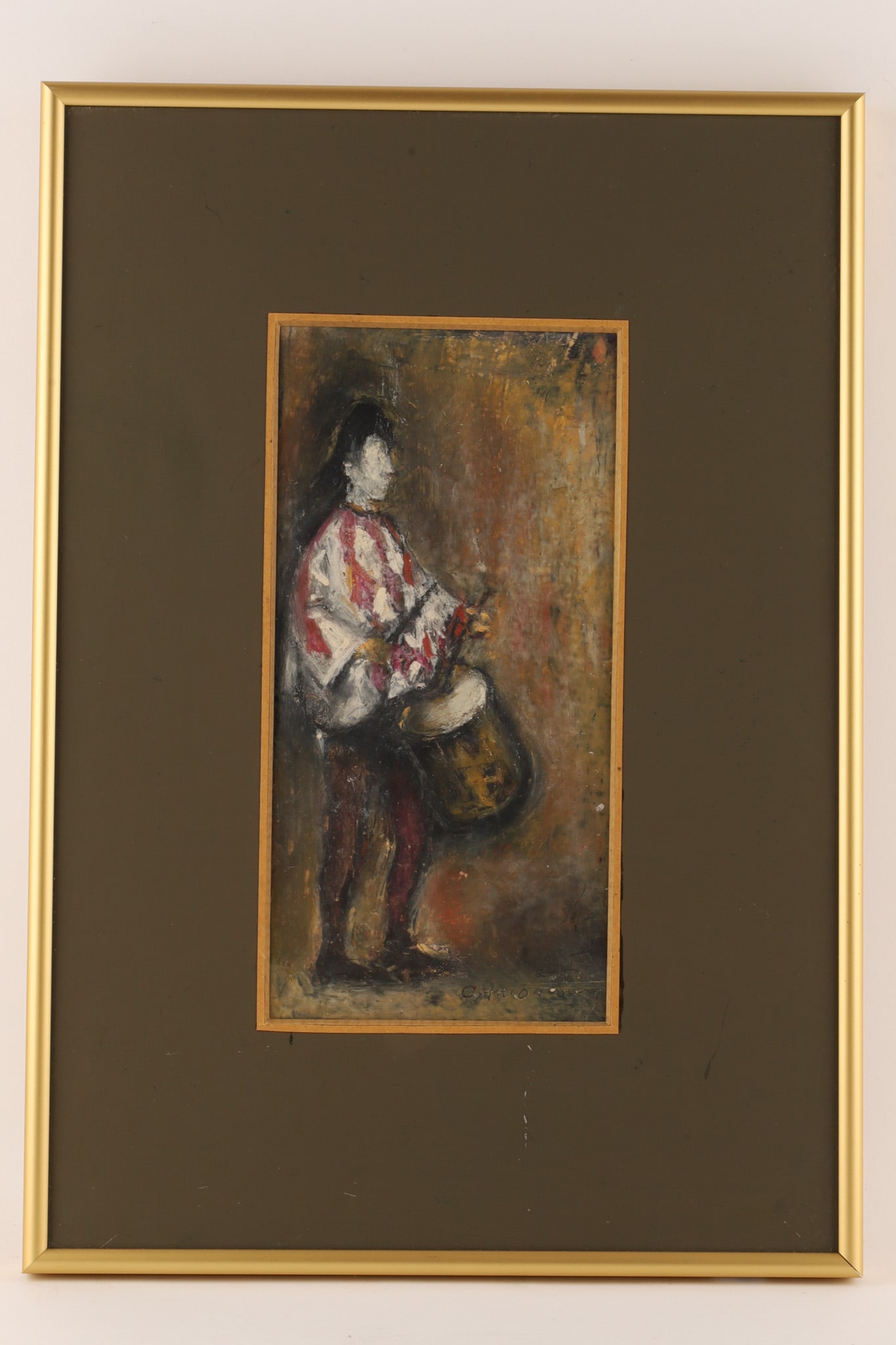 Corneliu Antonescu (Romanian, b. 1944) Oil Painting of a Drummer: Corneliu Antonescu (Romanian, born 1944) Mixed Media / Oil Painting of a Minstrel signed lower right C. Antonescu. A full-length portrait of a traveling musician playing a drum, rendered in rich, text