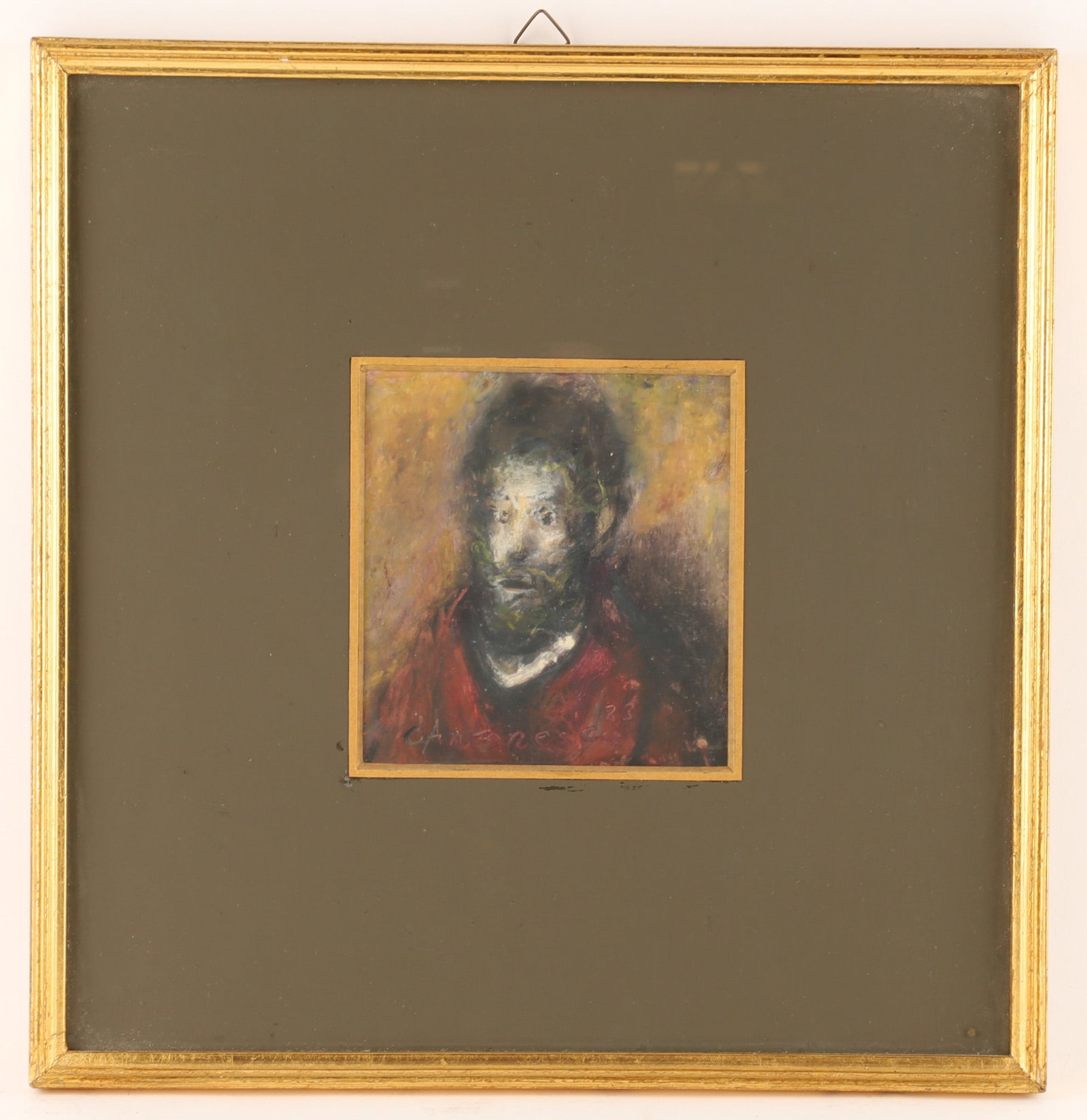 Corneliu Antonescu (Romanian, b. 1944) Oil on Cardboard of a Figure in Red: Corneliu Antonescu (Romanian, b. 1944) Mixed Media / Oil on Cardboard of a Figure in Red. Signed lower left and dated 83, stamped on reverse. Framed behind glass, glass has some residue on the interio