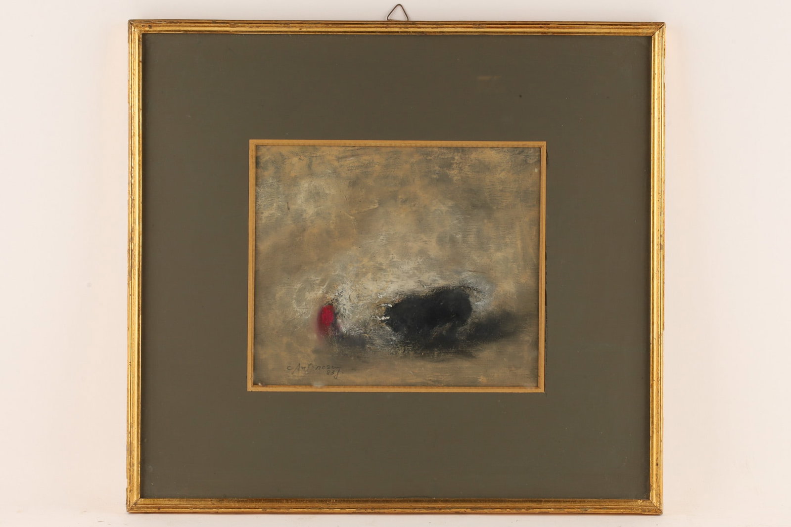 Corneliu Antonescu (Romanian, b. 1944) Mixed Media Matador and Bull: Corneliu Antonescu (Romanian-American, b. 1944) Mixed Media Matador and Bull depicting a charging bull with matador in red cloak amid a fog like atmosphere. Signed lower left, dated 83. Image measures