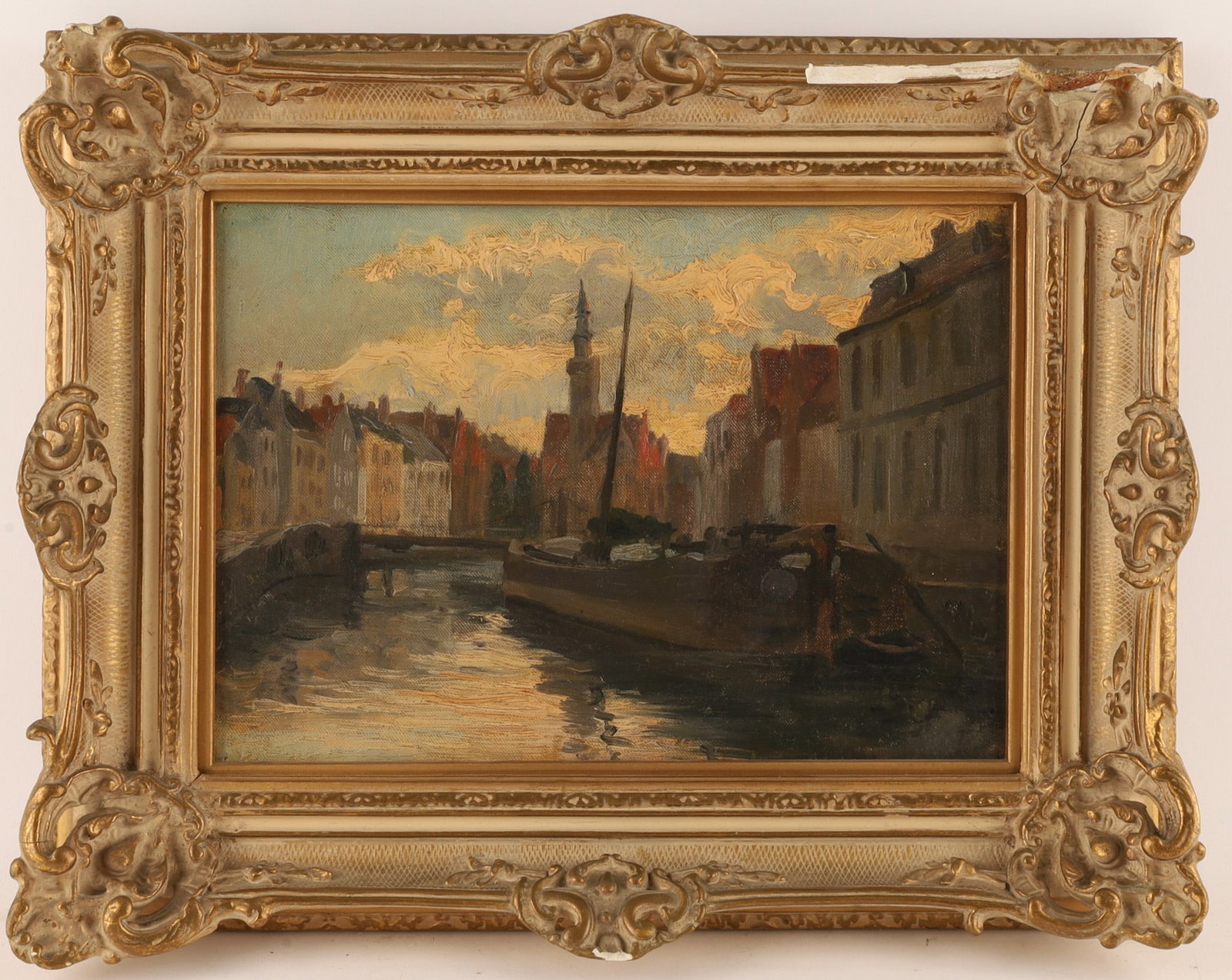 Antique Dutch School Oil on Board, Cityscape Canal Scene with Boat: Antique Dutch School Oil on Board, Cityscape Canal Scene an atmospheric Dutch cityscape, showcasing historic brick buildings, a prominent church in the background and a canal barge or boat moored alon