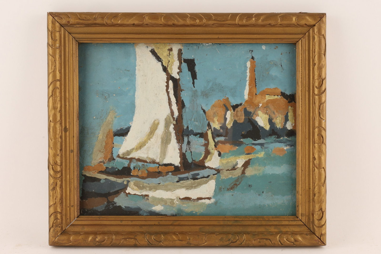 Unsigned Expressionist Oil on Cardboard, Maritime Coastal Landscape: An expressive, small-scale oil or gouache painting on panel, presented in an ornate, carved wooden vintage frame. It appears to depict a maritime coastal scene with a stylized sailboat in the foregrou