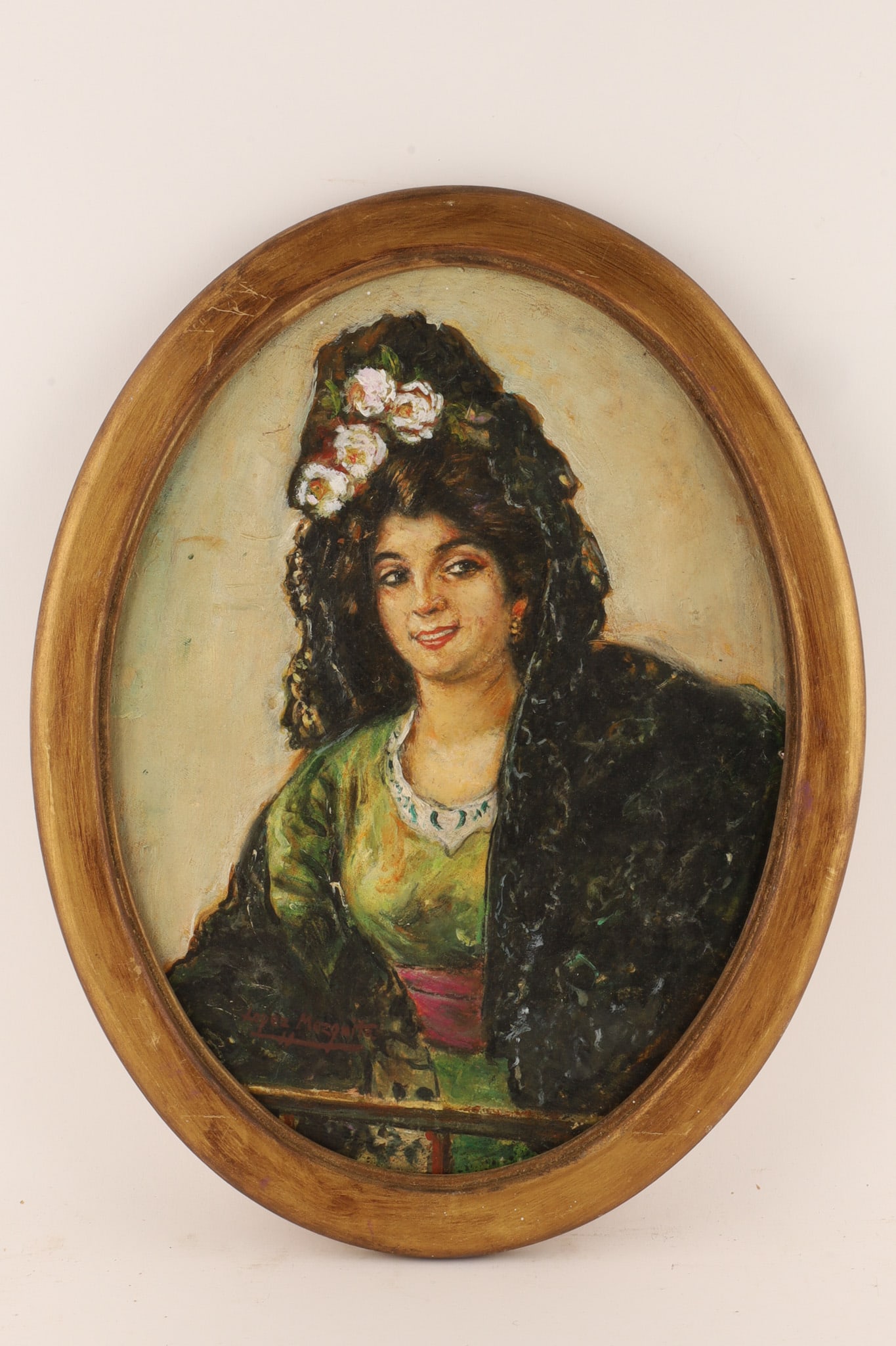 Jose Maria Lopez Mezquita (Spanish, 1883-1954) Oil on Panel Portrait of a Lady: Jose Maria Lopez Mezquita (Spanish, 1883-1954) Oil on Panel Portrait of a Lady in a mantilla of roses wearing a vibrant chartreuse-green gown accented with a white collar, a pink waist sash, and a hea