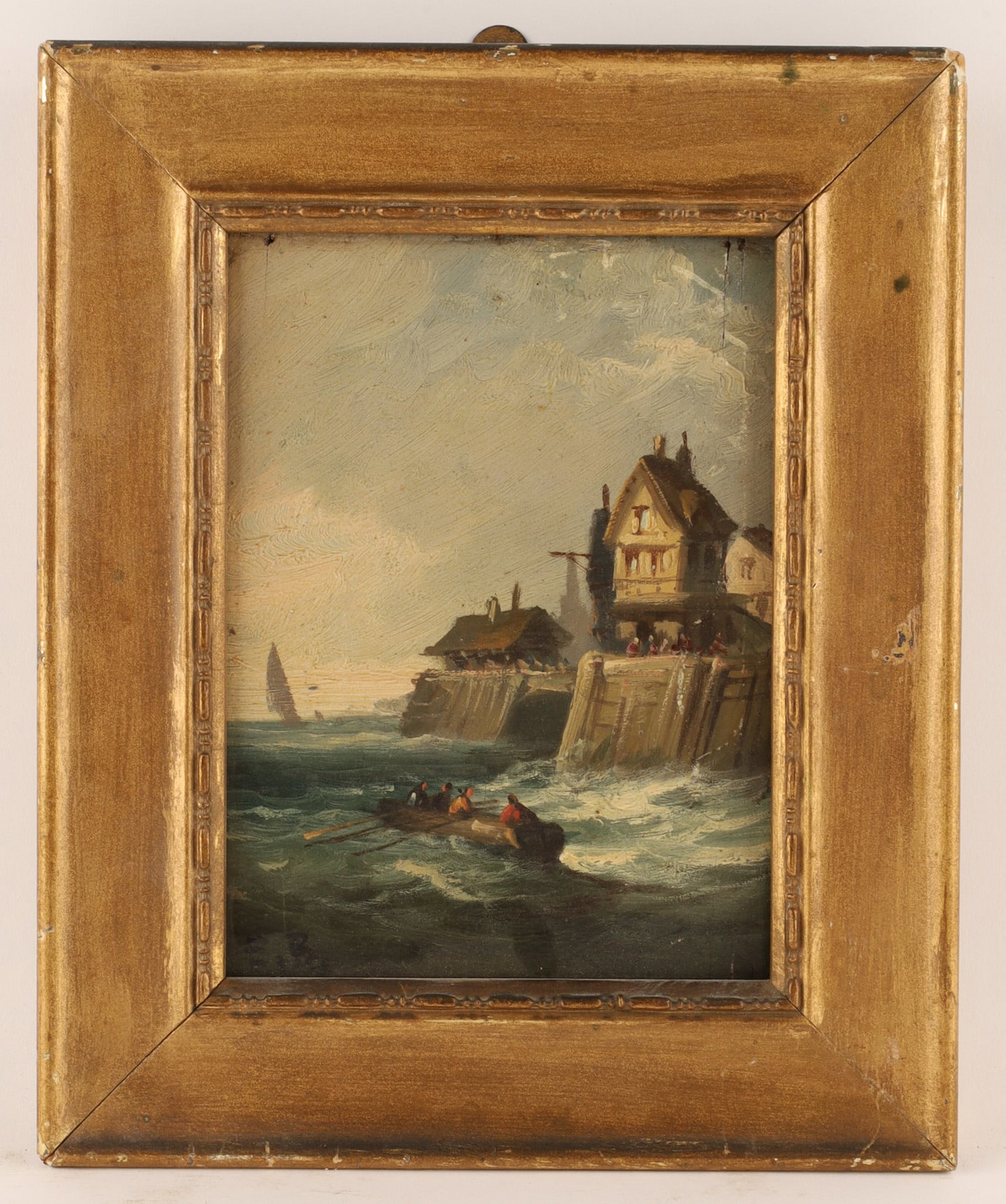 19th-Century Dutch School Oil On Panel Maritime Painting Signed E.B.: 19th-Century Dutch School Oil On Panel Maritime Painting Signed E.B. Featuring the tall, steep-gabled coastal structures atop the stone quay wall with a small rowboat pushing through the breakin