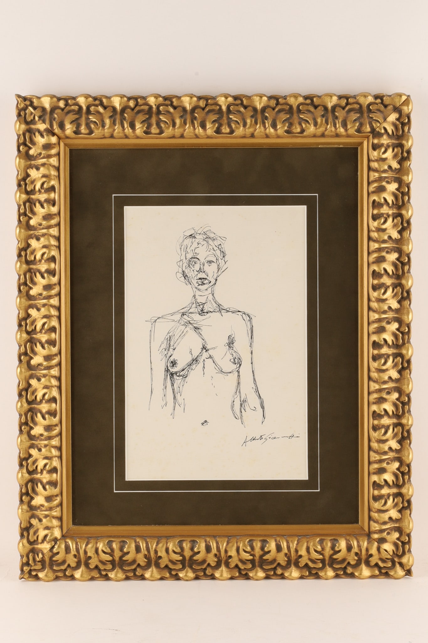 Signed Alberto Giacometti (Swiss, 1901-1966) Ink Drawing, Nude Torso: Attributed to Alberto Giacometti (Swiss, 1901-1966) Ink Drawing, Nude Torso, depicting a linear, expressive half-length study of a standing female figure. Some foxing to paper. Image measures 12 inche