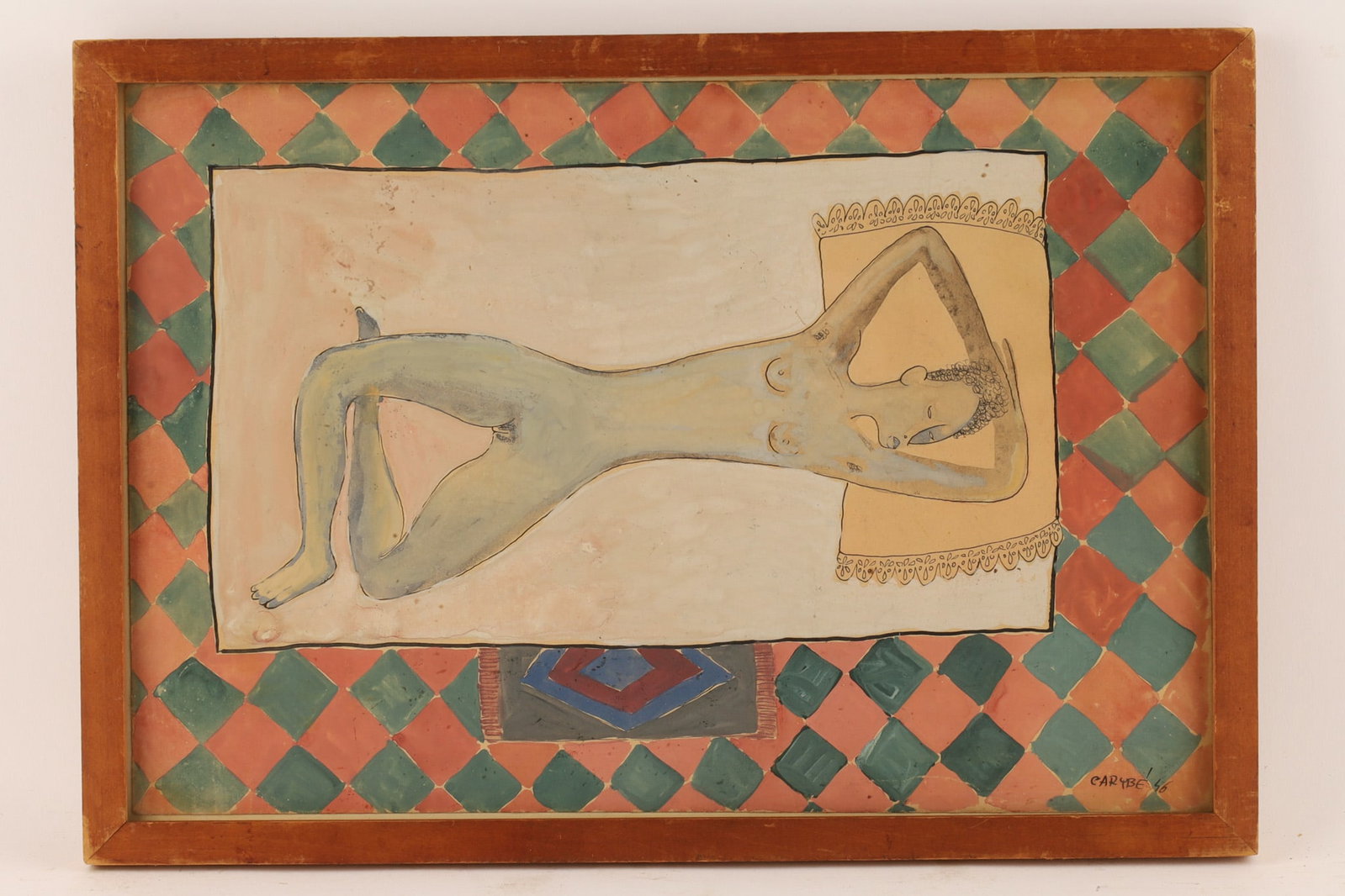 Hector Julio Paride Bernabo (Argentina-Brazil, 1911 - 1997) AKA Carybe Rare Early Female Nude: Hector Julio Paride Bernabo (Argentina-Brazil, 1911 - 1997) known as Carybe, a rare early work by the artist, stylized female nude watercolor on paper, the perspective is uniquely looking down as the 