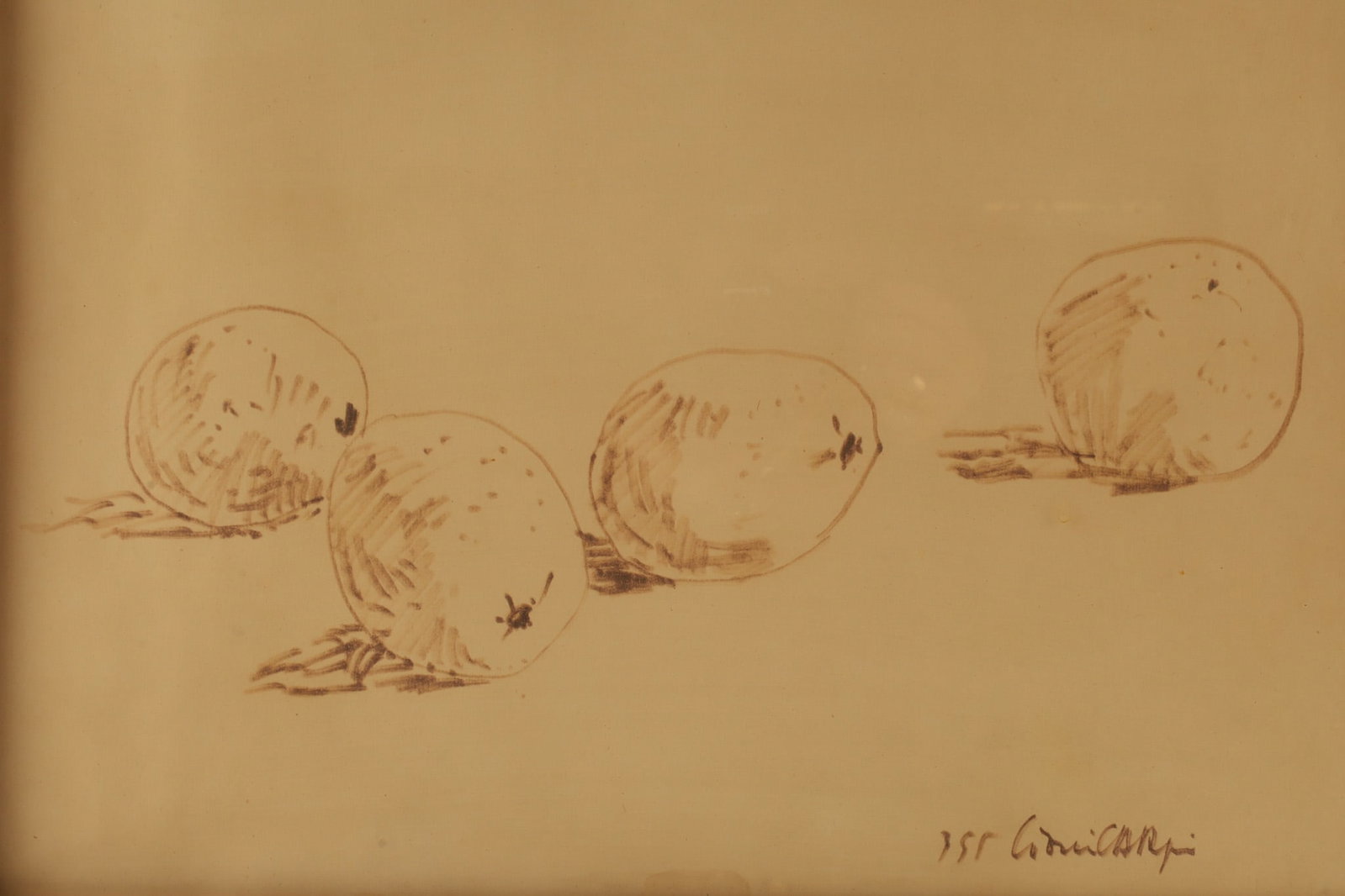 Cioni Carpi Italian Crayon on Paper Fruit Still Life 1955: Cioni Carpi (Italy, 1923 - 2011) rare crayon on paper still life of four fruit, set in oak frame, signed and what appears to be the date 1955 lower right. Cioni Carpi was born in Milan, Italy but immi