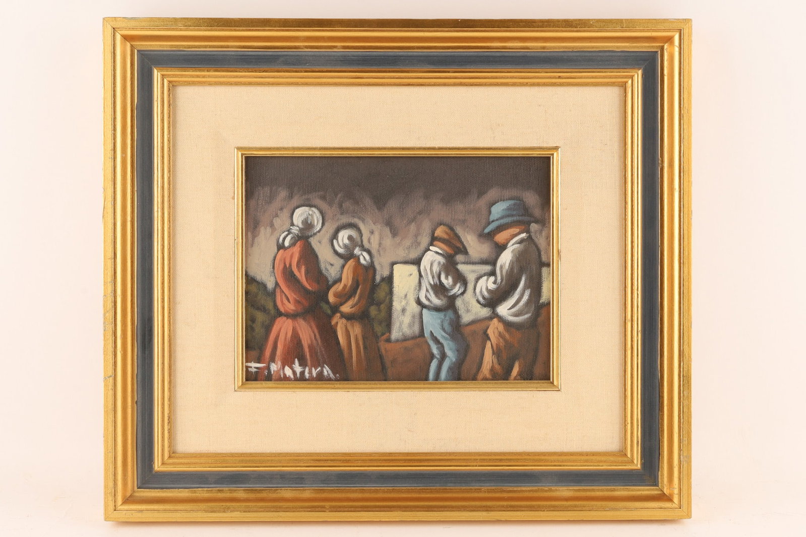 Francesco Matera (Italian, 20th C) Expressionist Oil on Canvas, Peasant Couples: Francesco Matera (Italian, 20th C) Expressionist or Post Impressionist Oil on Canvas, Farmworkers or Peasant Couples. Signed lower left. Canvas measures 7 inches H x 9.5 W, frame measures 14 x 16.75 i