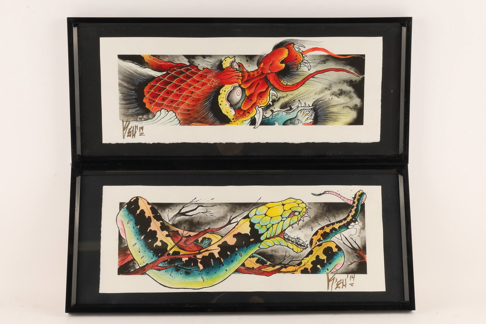 Pair of Japanese-style (irezumi) Tattoo Flash Art, Dragon and Snake Signed: Two framed pieces of traditional Japanese-style (irezumi) tattoo flash art on paper featuring a red dragon and a yellow-and-green snake by Alex K'eh a prominent Canadian tattoo artist based in Montrea