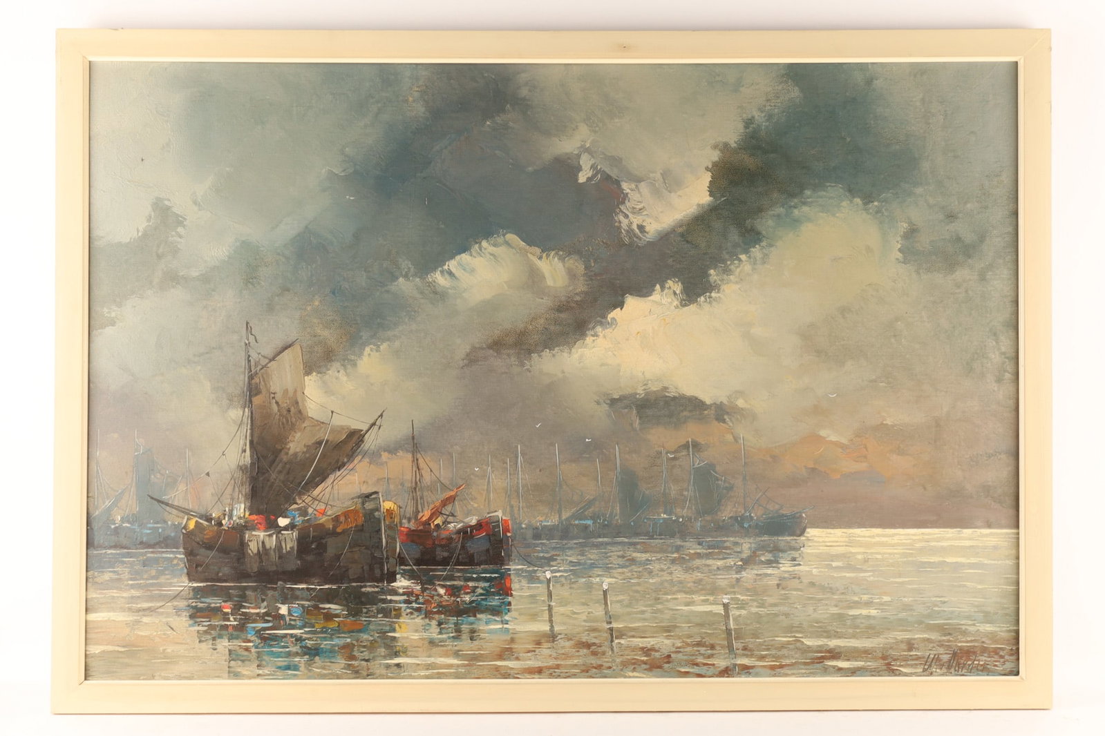 Wim van Norden (Dutch, 1917-2001) Mid Century Oil on Canvas Fishing Boats in a Harbour (1 of 8)