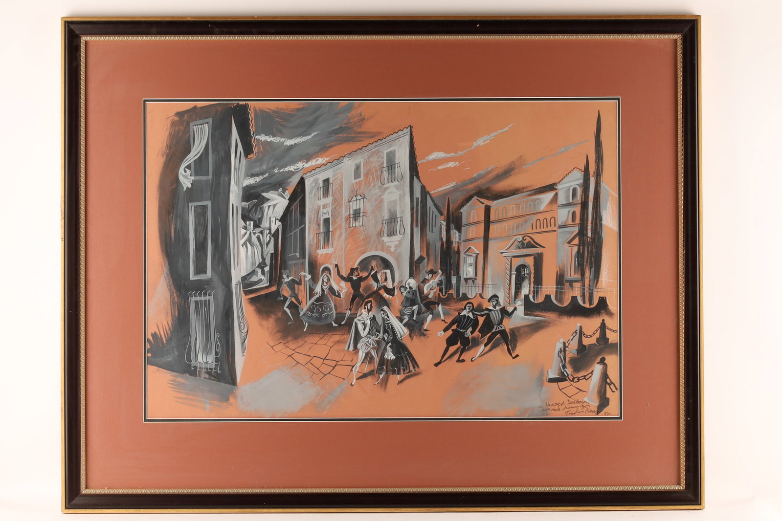 Style Giorgio de Chirico MCM School Surrealist Theatrical Street Scene C 1957: A large mid-century surrealist gouache painting on paper depicting masked Commedia dell'arte figures dancing in a public square. The artwork strongly reflects the Scuola Metafisica (Metaphysical Art) 