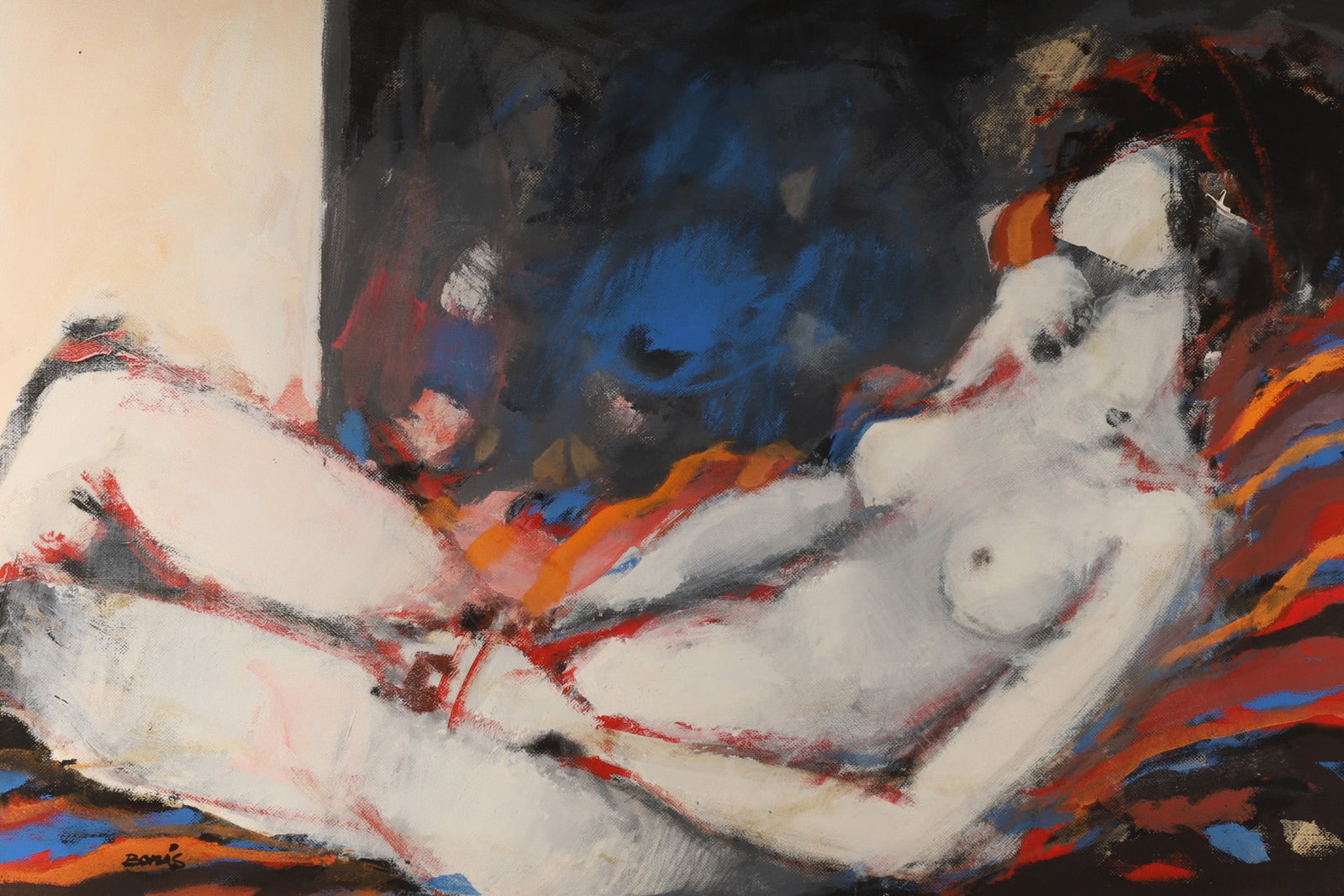 Jordi Bonas (Catalan-French, 1937-2017) Oil on Board Reclining Female Nude: Jordi Bonas (1937-2017), oil or gouache on board, depicting an expressionist female nude in reclining position. Signed lower left, with evaluation certificate. Measuring 27 inches H x 39 W, frame meas