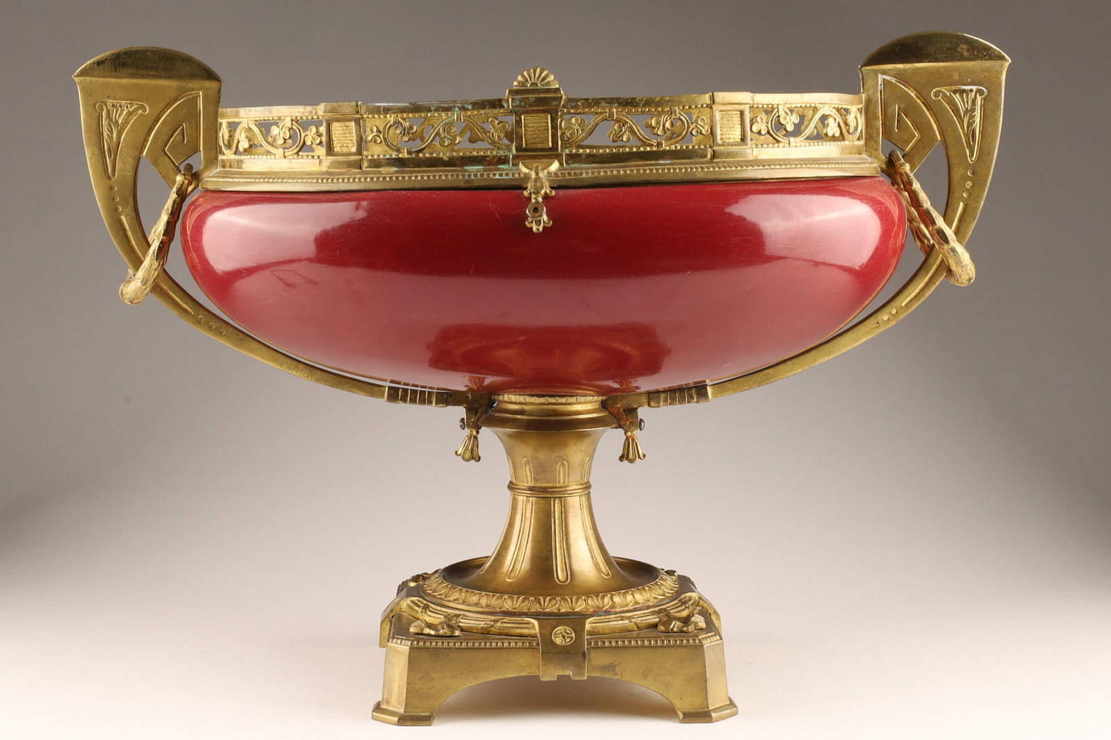 Louis XVI Style Navette Vase in Ox-Blood with Brass Mounts (1 of 8)
