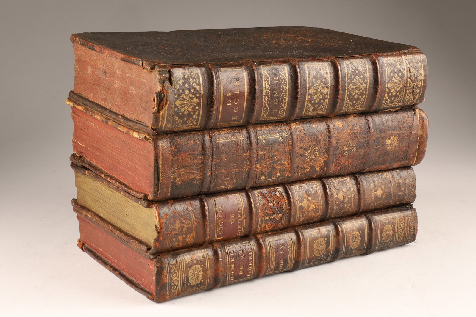 Antique French Trompe L'Oeil Secret Leather Books Tantalus Mini Bar (1 of 10)