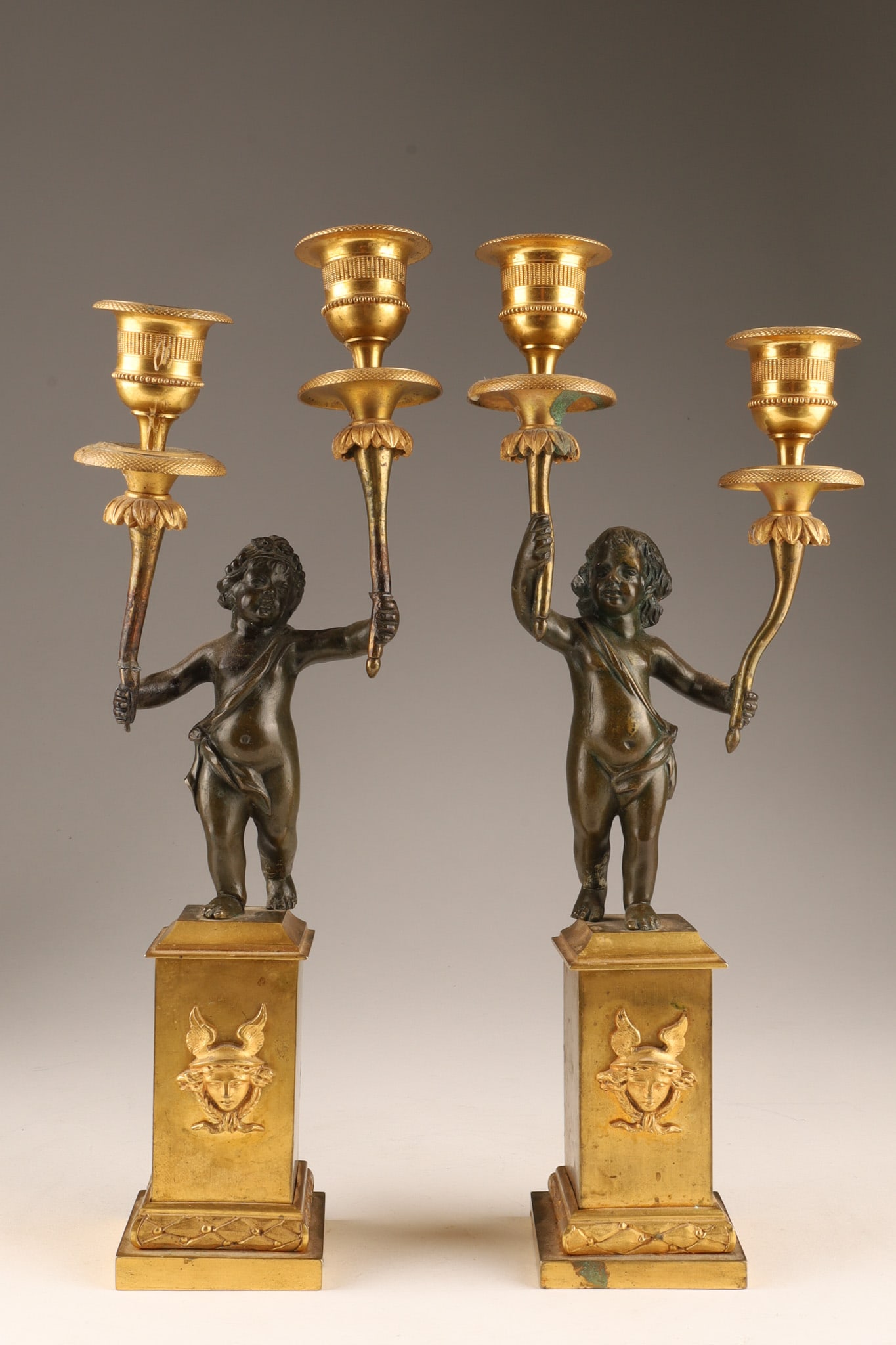 Pair of French Charles X Patinated Bronze and Gilt Figurative Candelabras (1 of 10)
