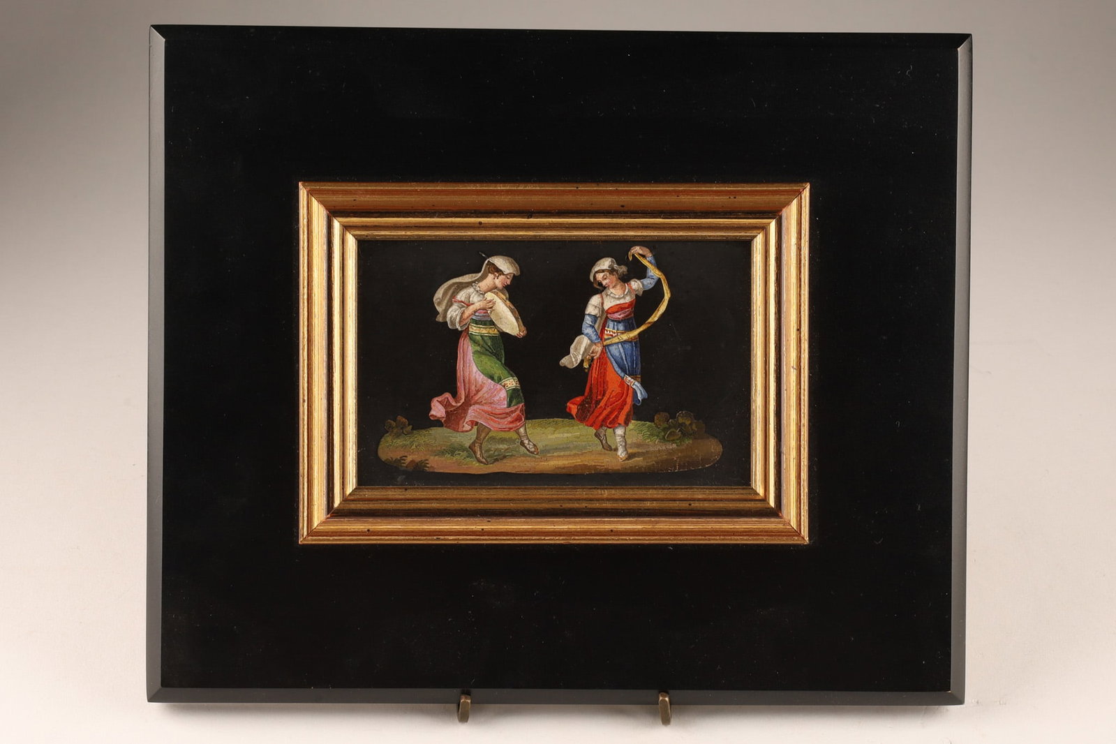 19th C Italian Grand Tour Micromosaic on Black Slate, Dancers: 19th-century Italian Grand Tour Roman micromosaic inlaid into a polished black slate made of thousands of miniscule, opaque glass threads called tesserae, meticulously arranged to form the two dancing