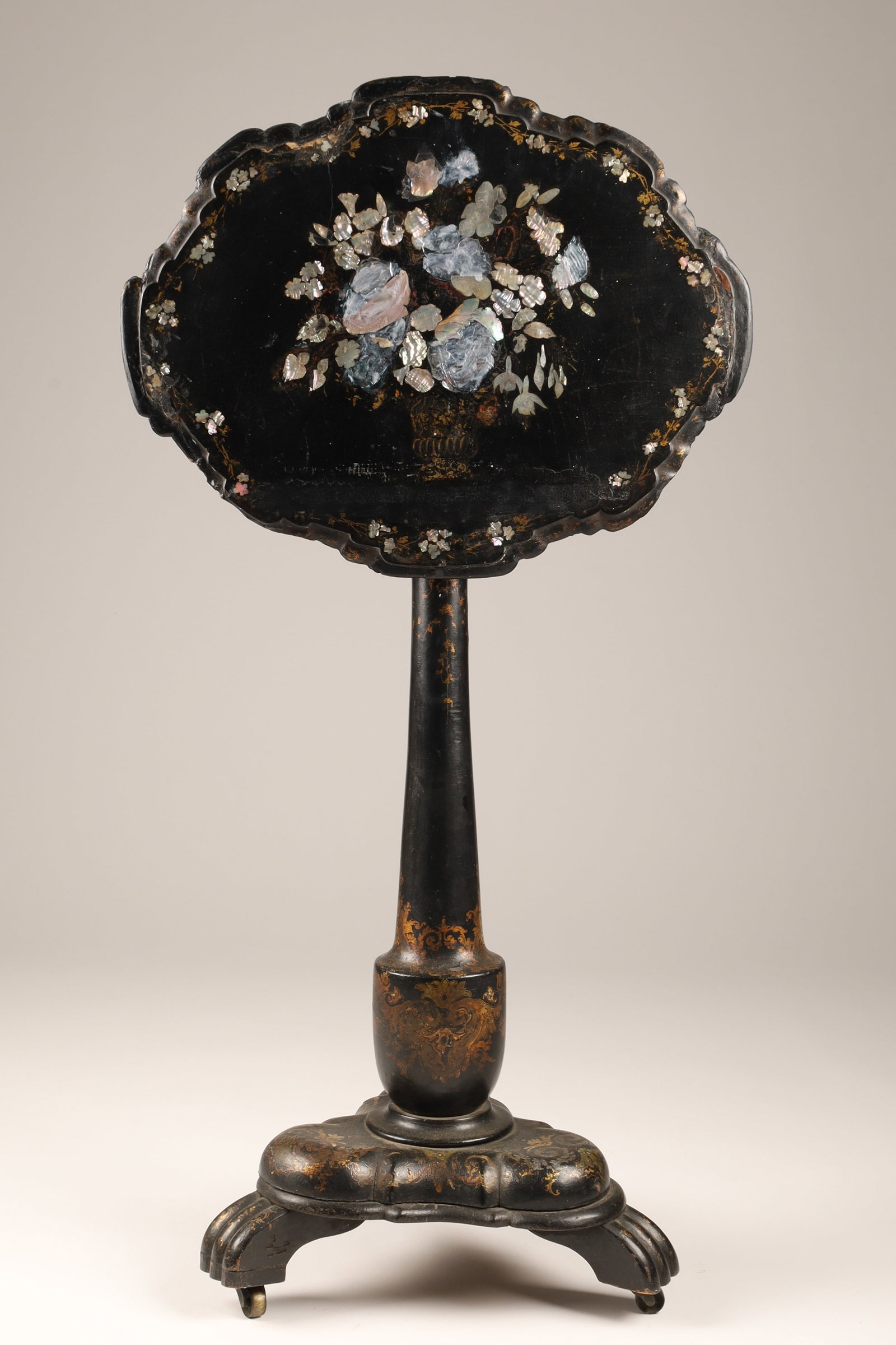 19th C Antique Victorian Papier Mache Tilt Top Table with Mother of Pearl Inlay (1 of 11)