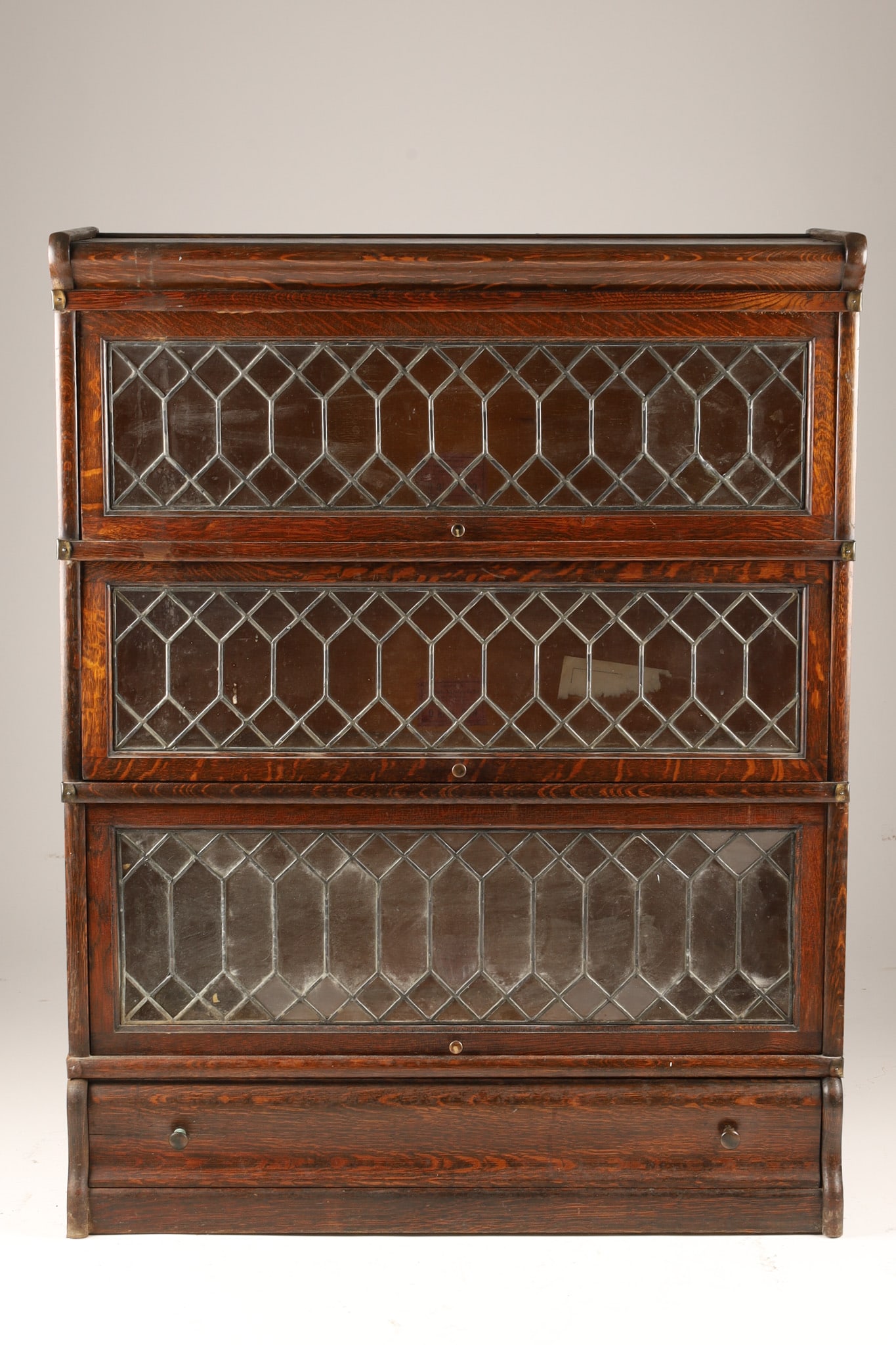 Antique Oak Three Stack Barrister Bookcase Camed Leaded Glass Doors (1 of 6)