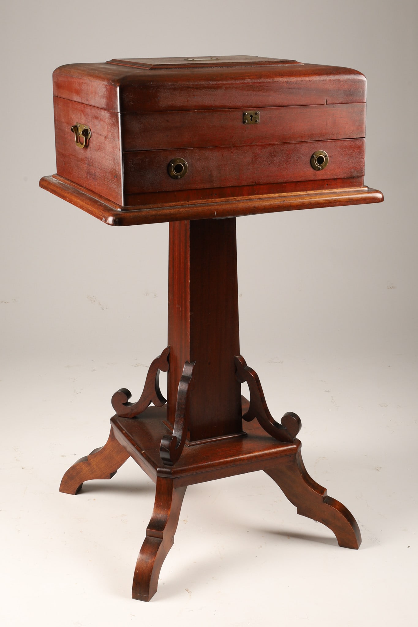 Antique Mahogany Floor Cutlery / Flatware Chest on Stand: Antique Mahogany Floor Cutlery / Flatware Chest on separate pedestal with purple interior fitted compartments for cutlery. Box measures 9 inches H x 19 W x 17 deep, stand measures 30 inches H x 22 W x