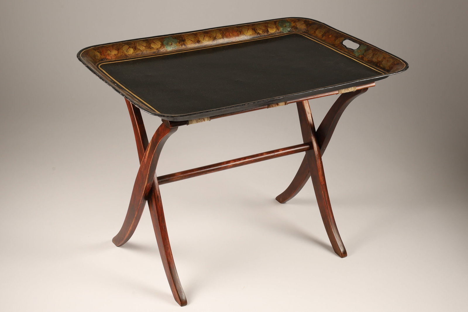 Large Victorian Toleware Tray With Japanned Black Finish On Folding Stand (1 of 7)