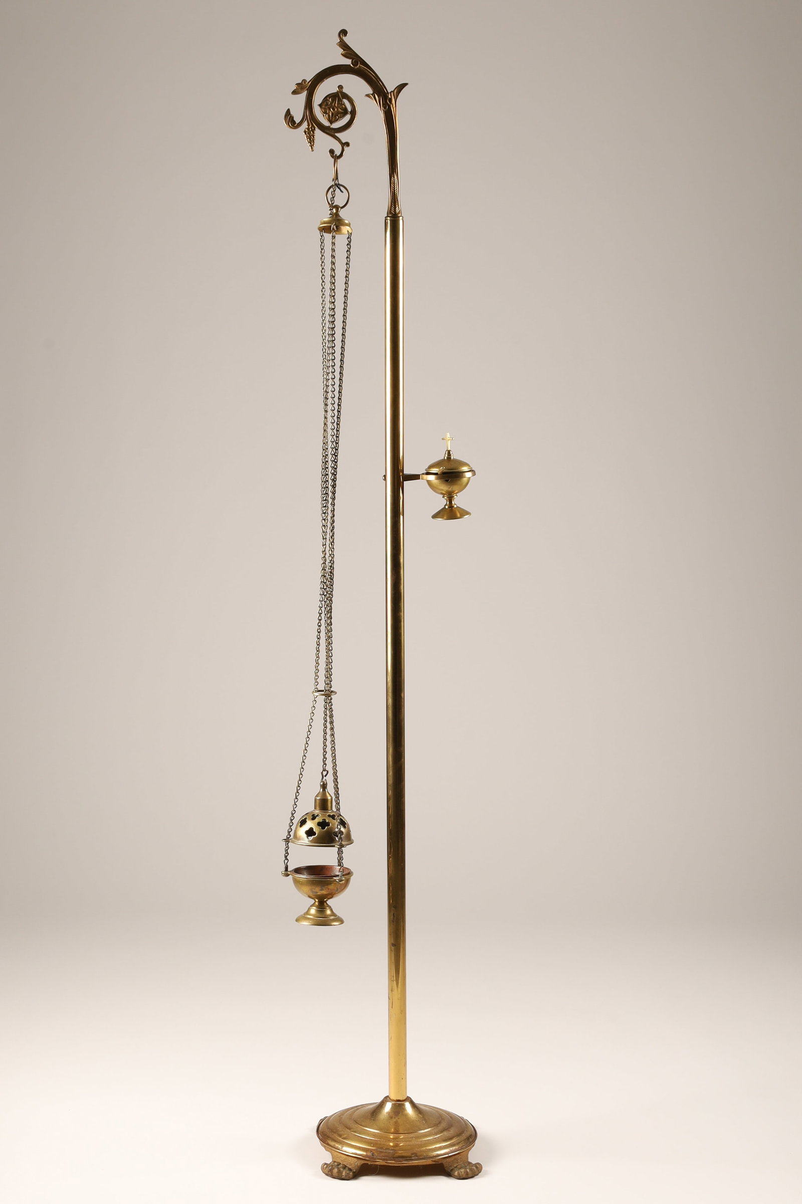 Antique Brass Church Incense Burner Thurible With Floor Stand: An ecclesiastical brass censer stand / thurible stand complete with a hanging thurible and an attached small platform holding an incense boat. Measuring 60 inches H x 12 W.
