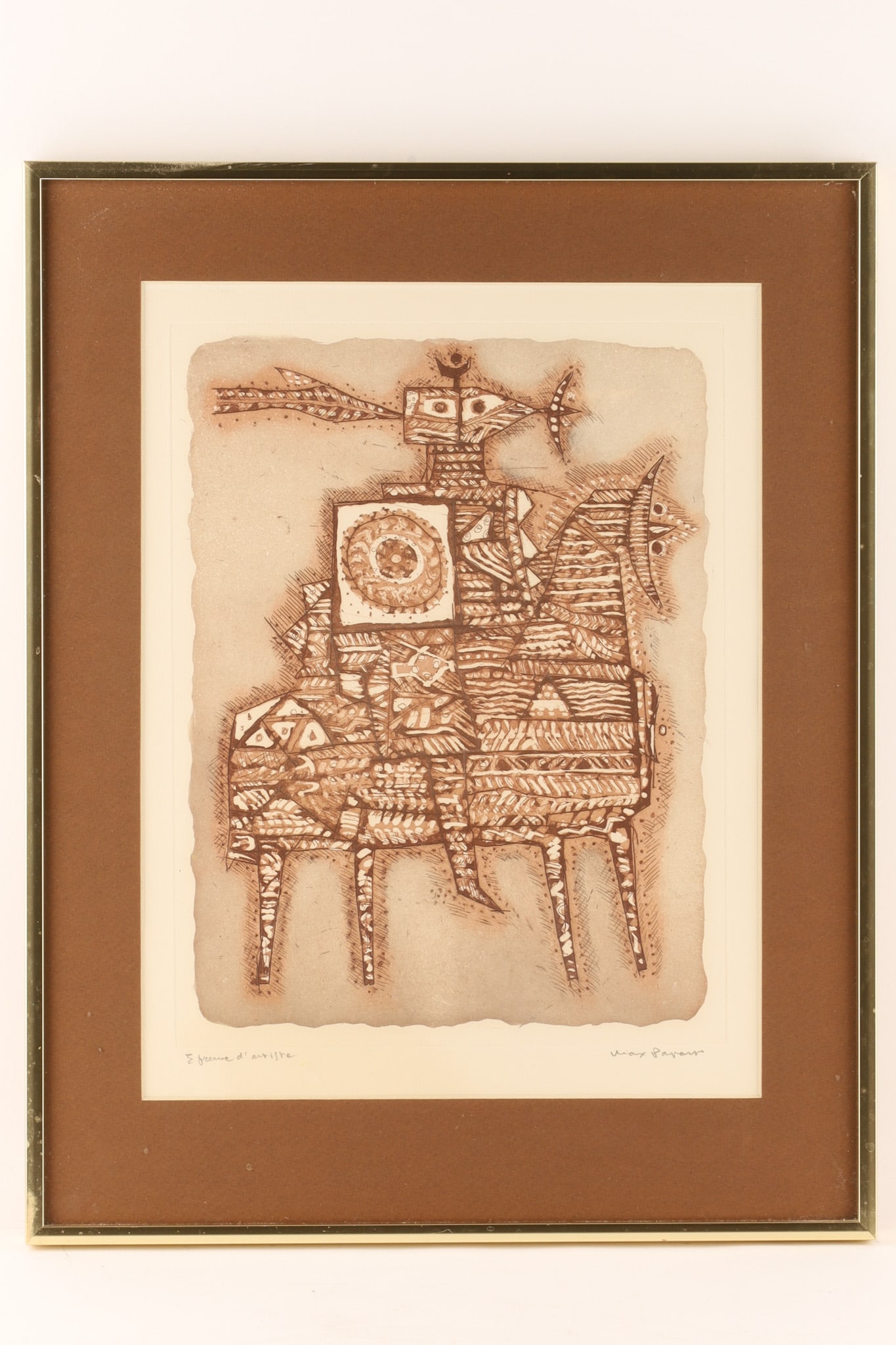 Max Papart (French, 1911-1994) Artist's Proof Etching and Aquatint, Chevalerie: A mid-century etching with aquatint on paper by Post-Cubist / Surrealist artist Max Papart. The work depicts a stylized knight astride a horse, heavily detailed with patterns and muted earth-toned col