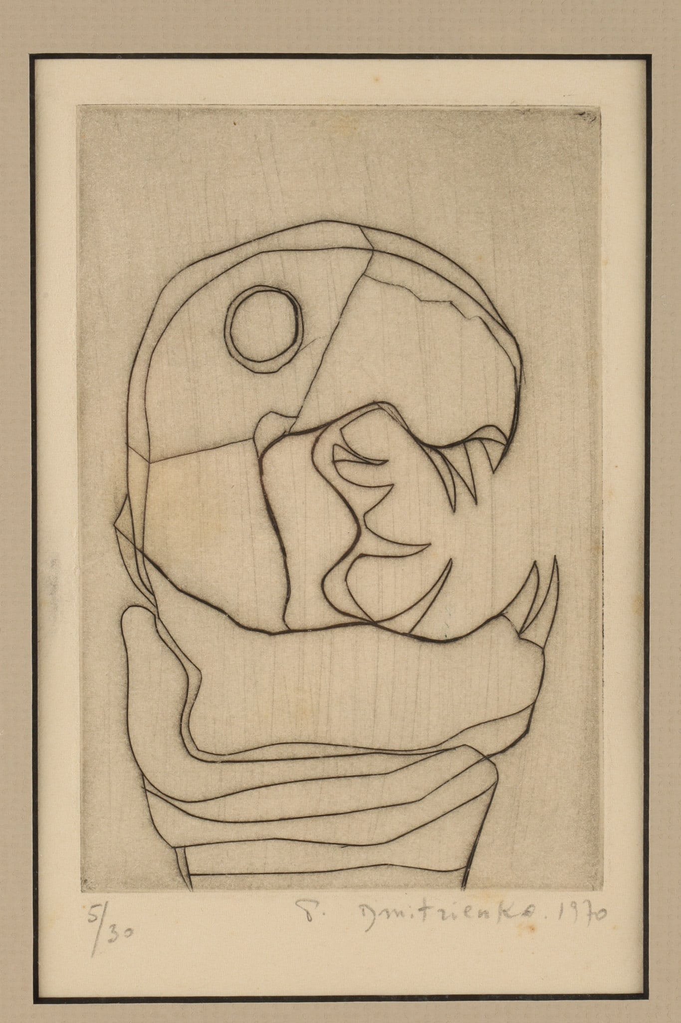 Pierre Dimitrienko (French, 1925-1974) Untitled Abstract Drypoint Engraving C. 1970: Pierre Dimitrienko (French, 1925-1974) Untitled Abstract Line Drypoint Engraving C. 1970. Signed in pencil lower right, dated 1970, numbered lower left 5/30. Measuring 7 inches H x 4.5 W within mattin