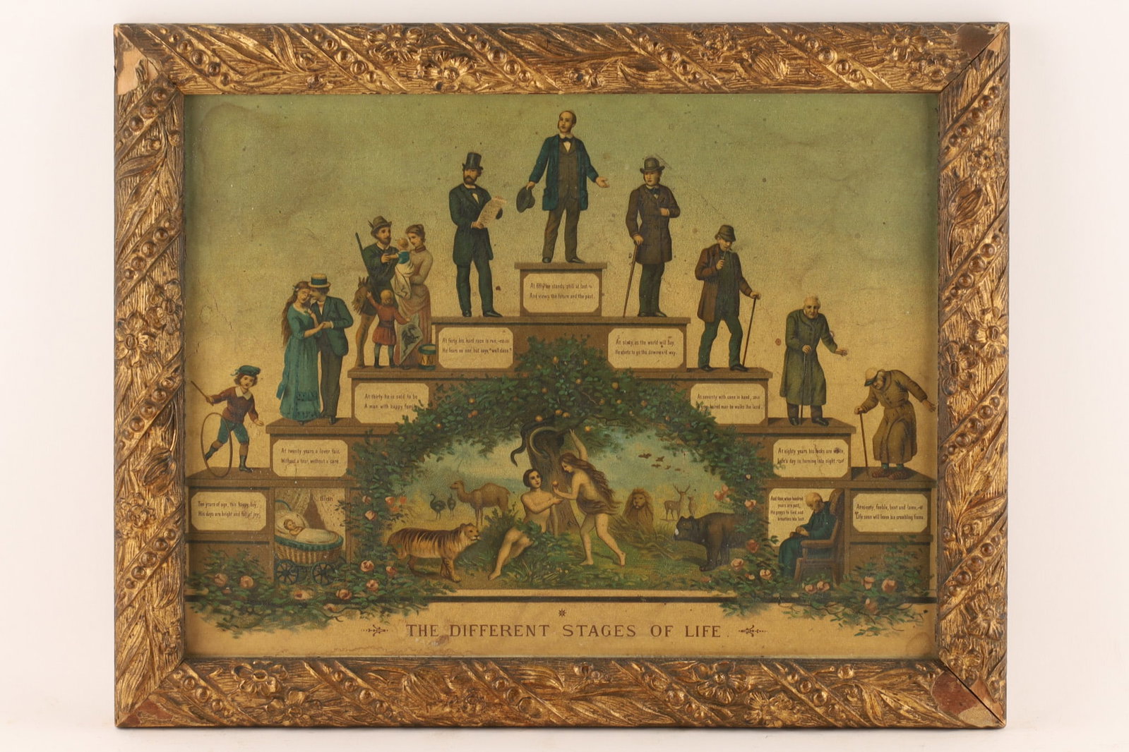 Antique Chromolithograph Print, The Different Stages of Life: An antique print titled The Different Stages of Life (or a Lebenstreppe / steps of life), which illustrates human life as a staircase ascending to a peak at middle age and descending toward old age. I