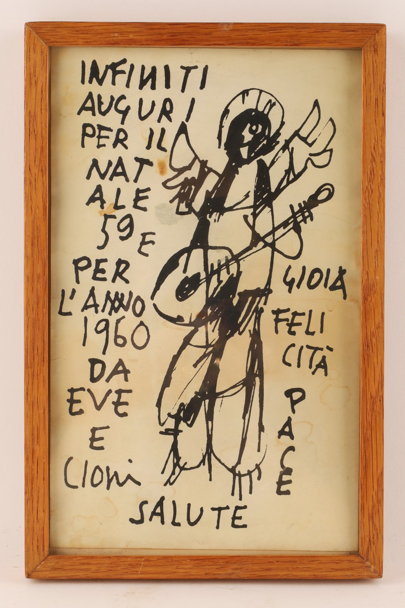 Italian Transavanguardia Styled Lithograph Angel on Paper 1959: A unique small lithograph on paper showing an angel playing a guitar, it would appear that the lithograph was a greeting paper as also marked Infiniti Auguri Per Il Natale 59 E Per L'Anno 1960 Da Eve 