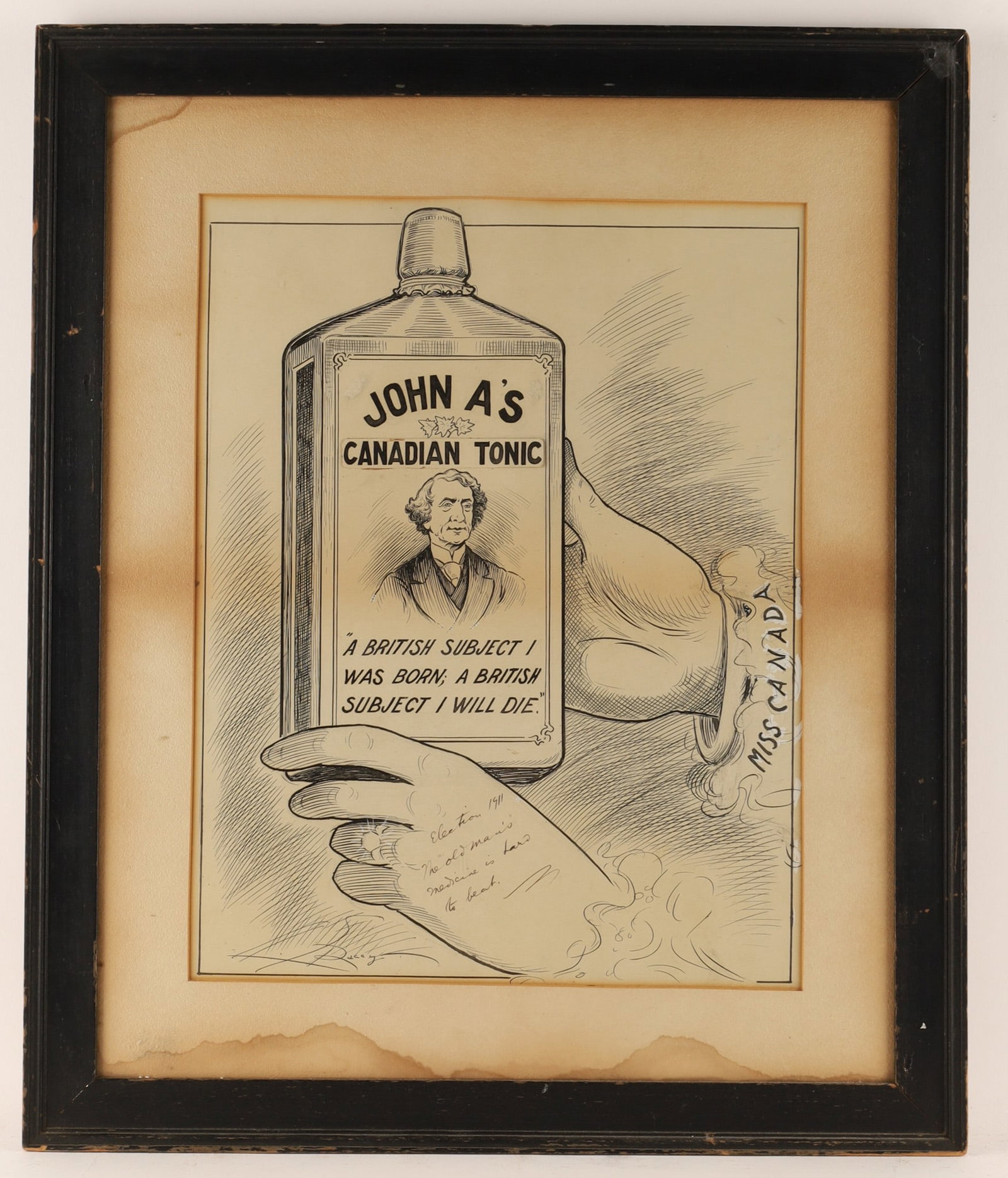 Antique 1891 Sir John A. Macdonald Canadian Political Campaign Cartoon Poster, framed: A 19th-century Canadian political satirical cartoon print titled John A.'s Canadian Tonic, measuring 12 x 16.5 inches (framed to 19.5 x 23.5 inches). The illustration depicts a hand labeled Miss Canad