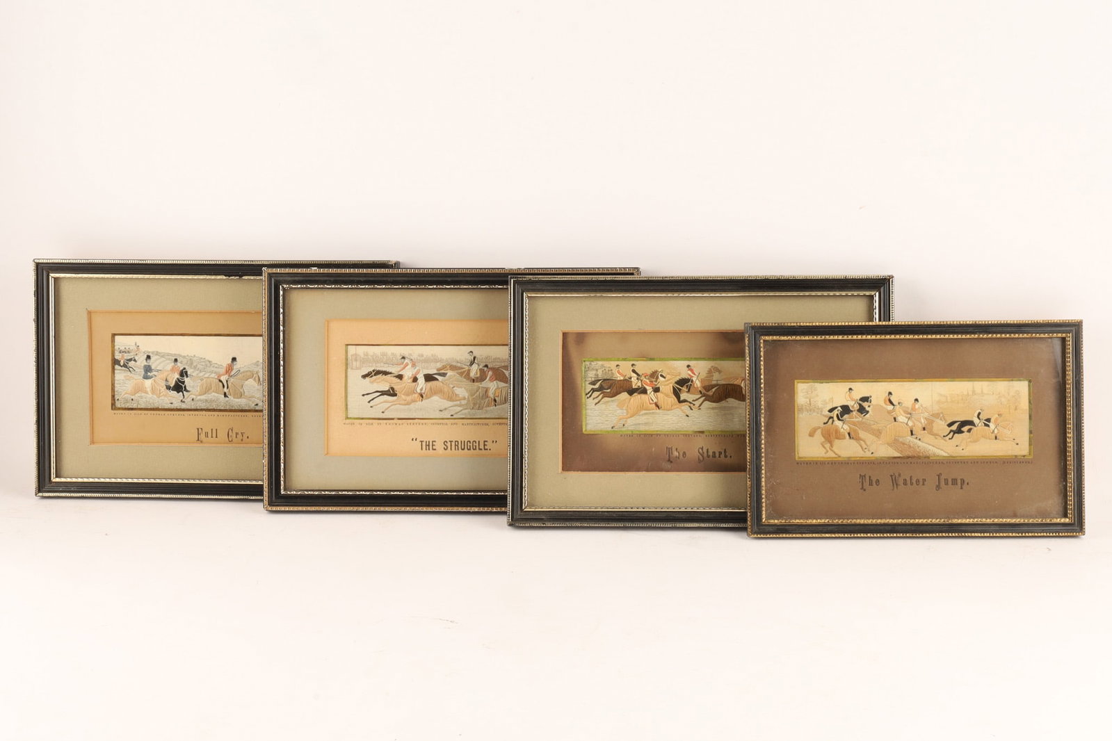 Thomas Stevens (1828-1888) Victorian Equestrian Stevengraphs Hunt Scenes, Set of 4: A set of four antique 19th-century woven silk pictures known as Stevengraphs, created by the famous English weaver Thomas Stevens. Set composed of detailed, Jacquard-woven silk panels mounted on paper