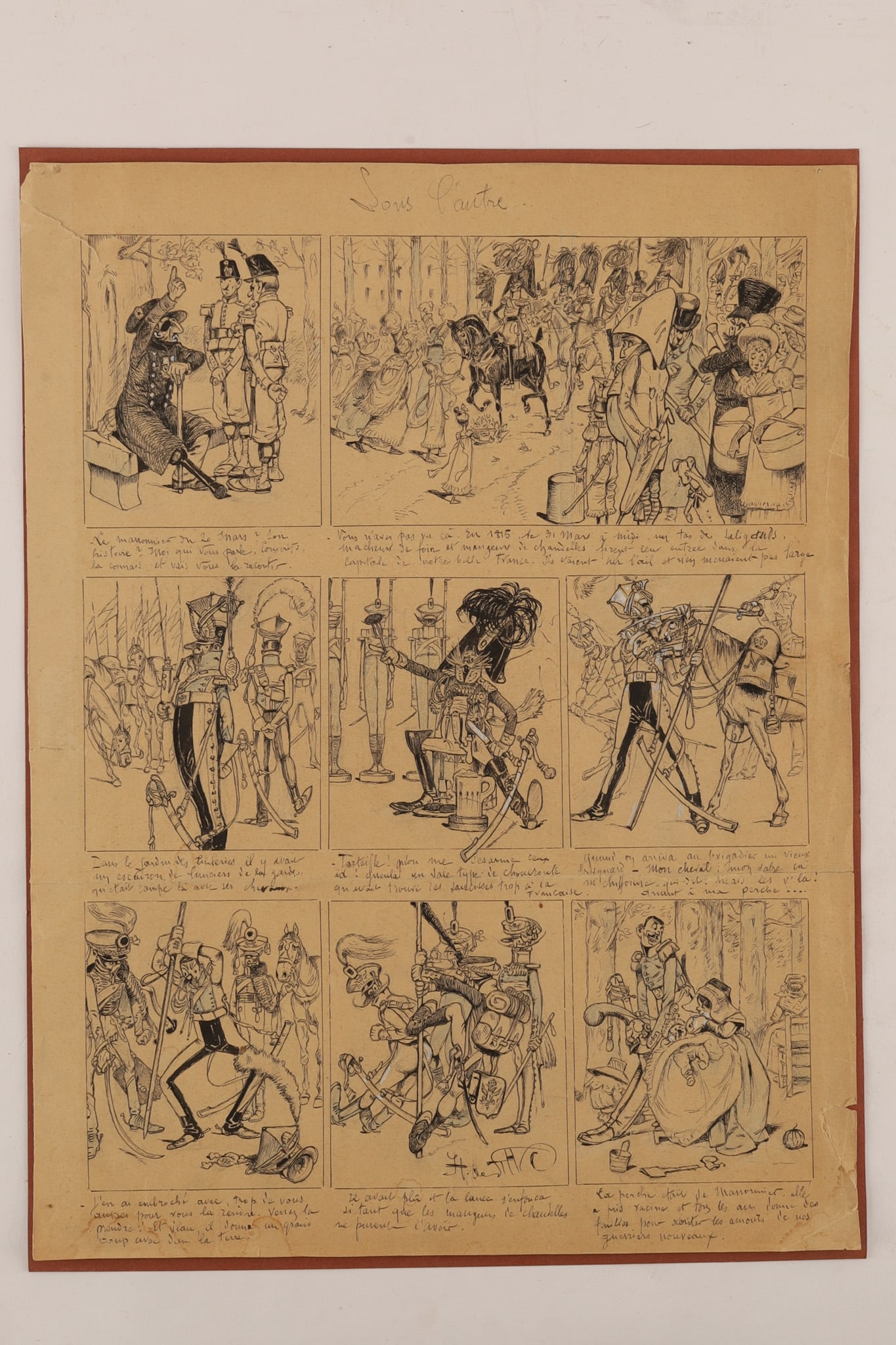Henri De Sta (French, 1846-1920) Political Military Cartoon Sauf L'Autre Late 19th C: HENRI DE STA (Arsene-Henry de Saint-Alary, French, 1846-1920) Sauf l'autre Late 19th Century, a political / satirical sequential graphic art (histoire en images). Titled upper center, signed monogramm