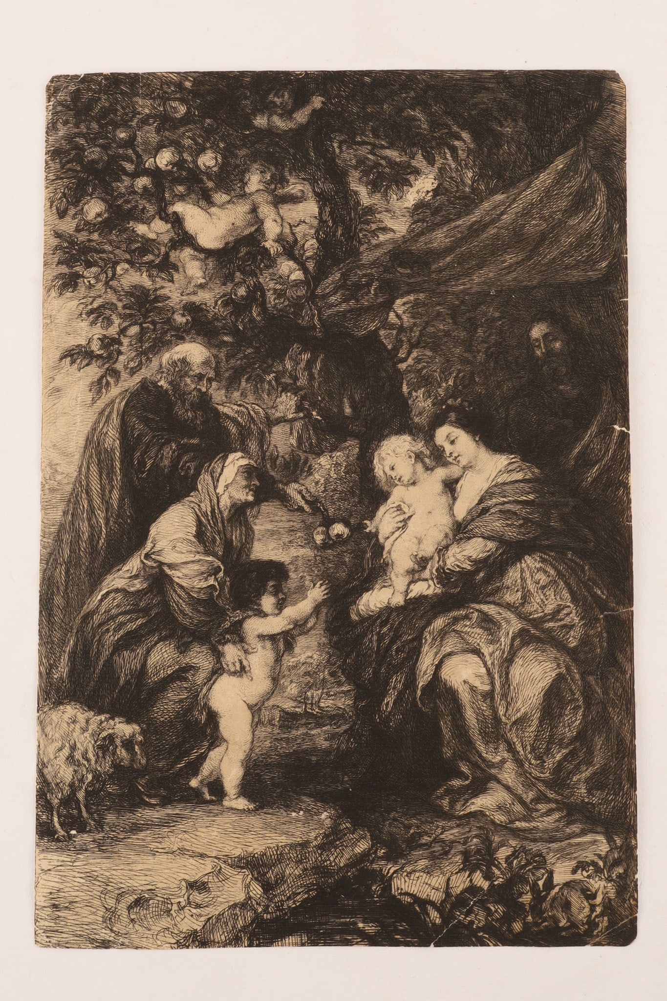Peter Paul Rubens, After, The Holy Family beneath the Apple Tree, Antique Engraving: After Peter Paul Rubens (Flemish, 1577-1640) The Holy Family beneath the Apple Tree Antique engraving after Rubens' celebrated composition depicting the Virgin and Child seated beneath an apple tree, 