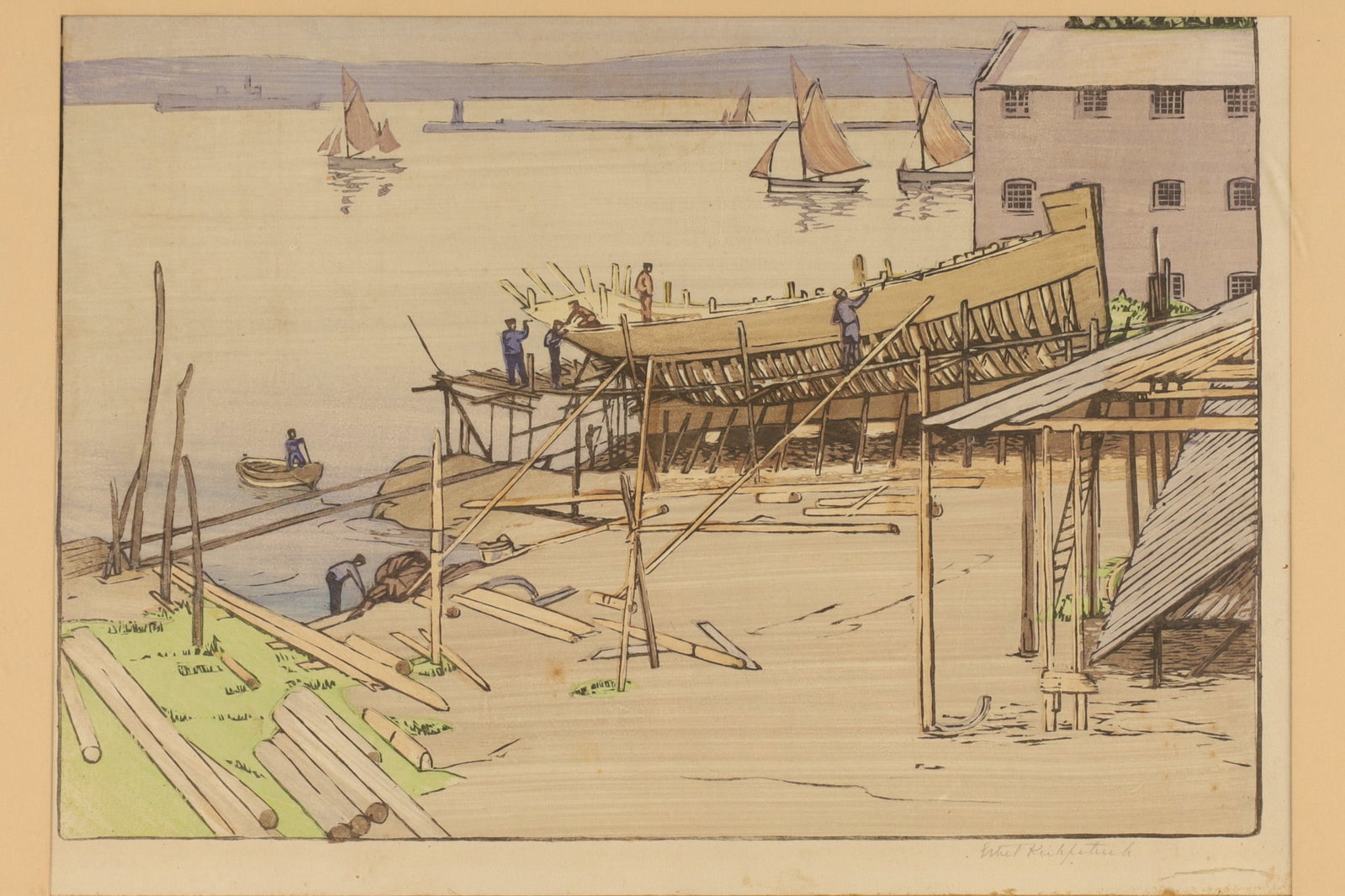Ethel Kirkpatrick (British, 1869-1966) Woodblock Print, The Shipyard: Ethel Kirkpatrick (British, 1869-1966) Woodblock Print, titled The Shipyard. Print depicts workers building a boat on a dock with sailboats in the background. Signed in pencil lower right. Behind glas