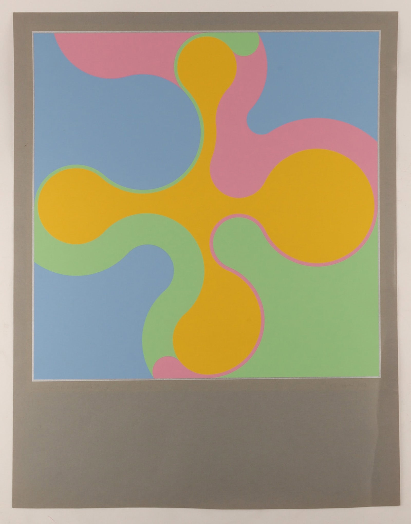 T. Hireux (Active Mid-Century) Crucifixion d'une Smitte 19/100 1970 Screenprint on paper: A vibrant, mid-century biomorphic abstract composition featuring interlocking, organic shapes in a striking palette of mustard yellow, olive green, powder blue, and candy pink. Signed, dated 70, and t