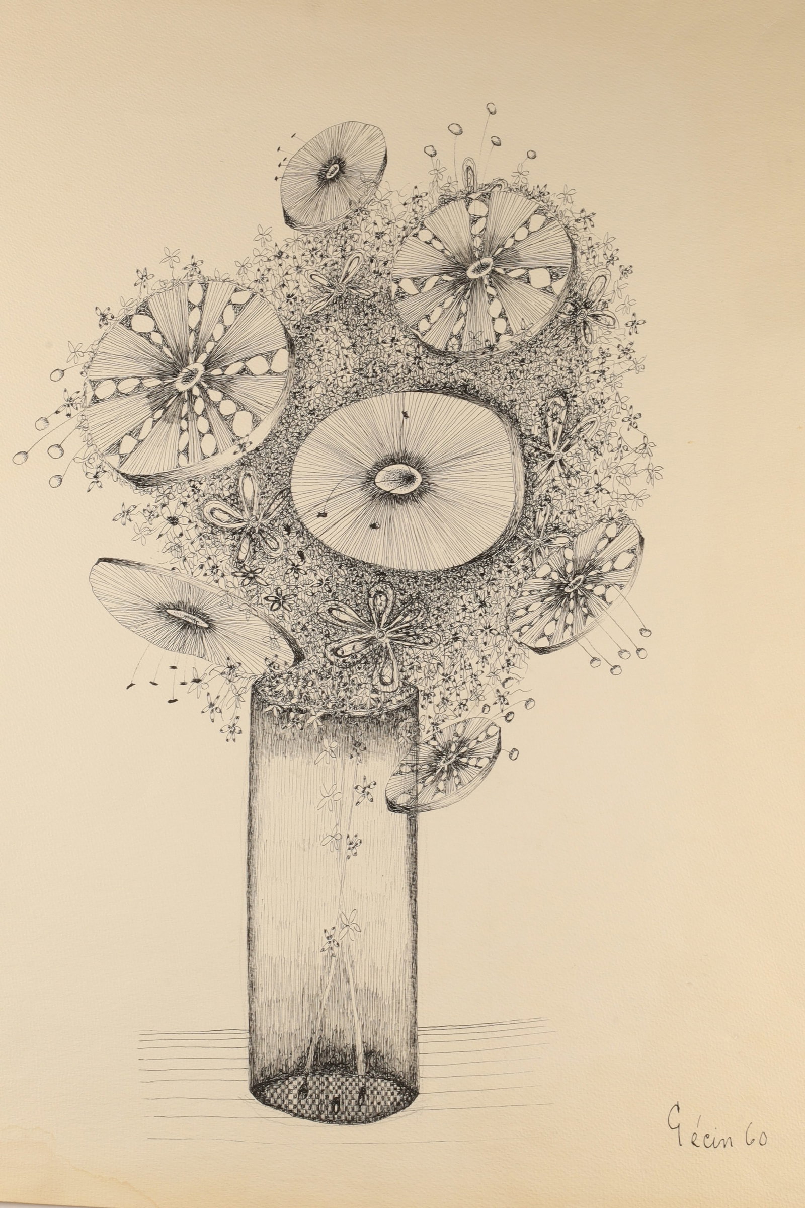 Sindon Gecin Fantasy Floral Ink on Paper Still Life 1960 (1 of 9)
