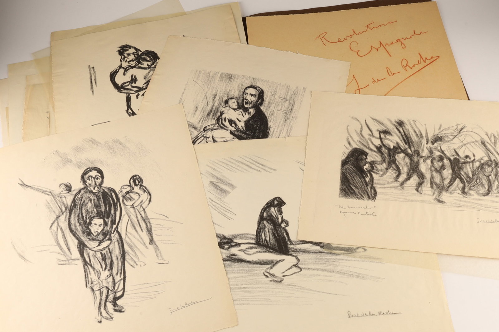 Luis de la Rocha Spain Very Rare Series Lithographs Spanish Revolution 1936: Luis Eduardo de la Rocha (Spain - France, 1886-1968), a very rare series of artist proof lithographs of charcoal sketches of the Spanish Revolution of 1936, total of 9 lithographs on arches paper, all