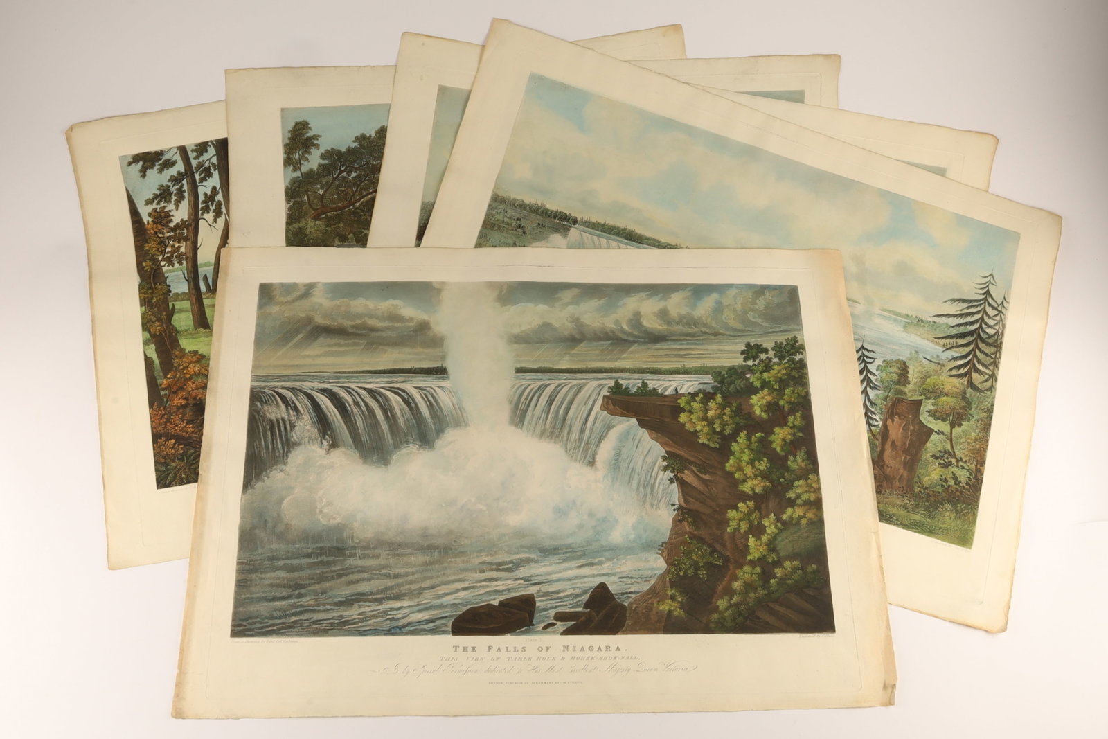 Lt. Col. Cockburn Falls of Niagara Rare Set of Aquatint Engravings: After drawings by English solider-artist James Pattison Cockburn (1779-1847), England, and engraved by Charles Hunt (1803 - 1877), Clayton Bentley (1803 - 1851) and Jn Edge, a complete set of aquatint