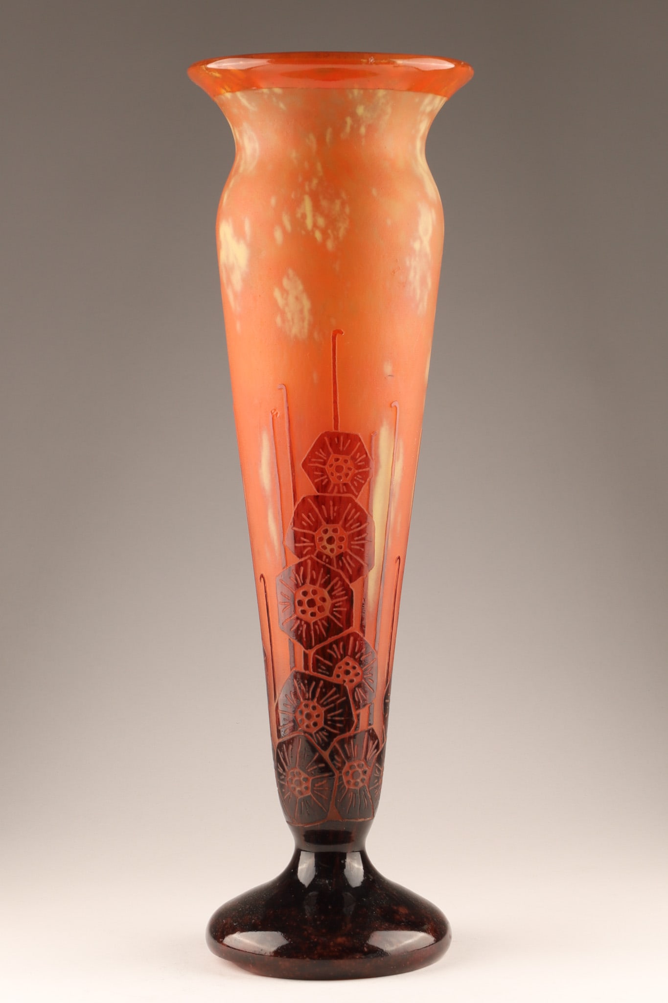 Art Deco Attrib Charles Schneider Le Verre Francais Tall Floral Cameo Vase: Art Deco Le Verre Francais Floral vase, designed by Charles Schneider, features red and maroon acid-etched hollyhock style flowers against a light orange background. 20.5 inches H x 6 W. Signed Le Ver